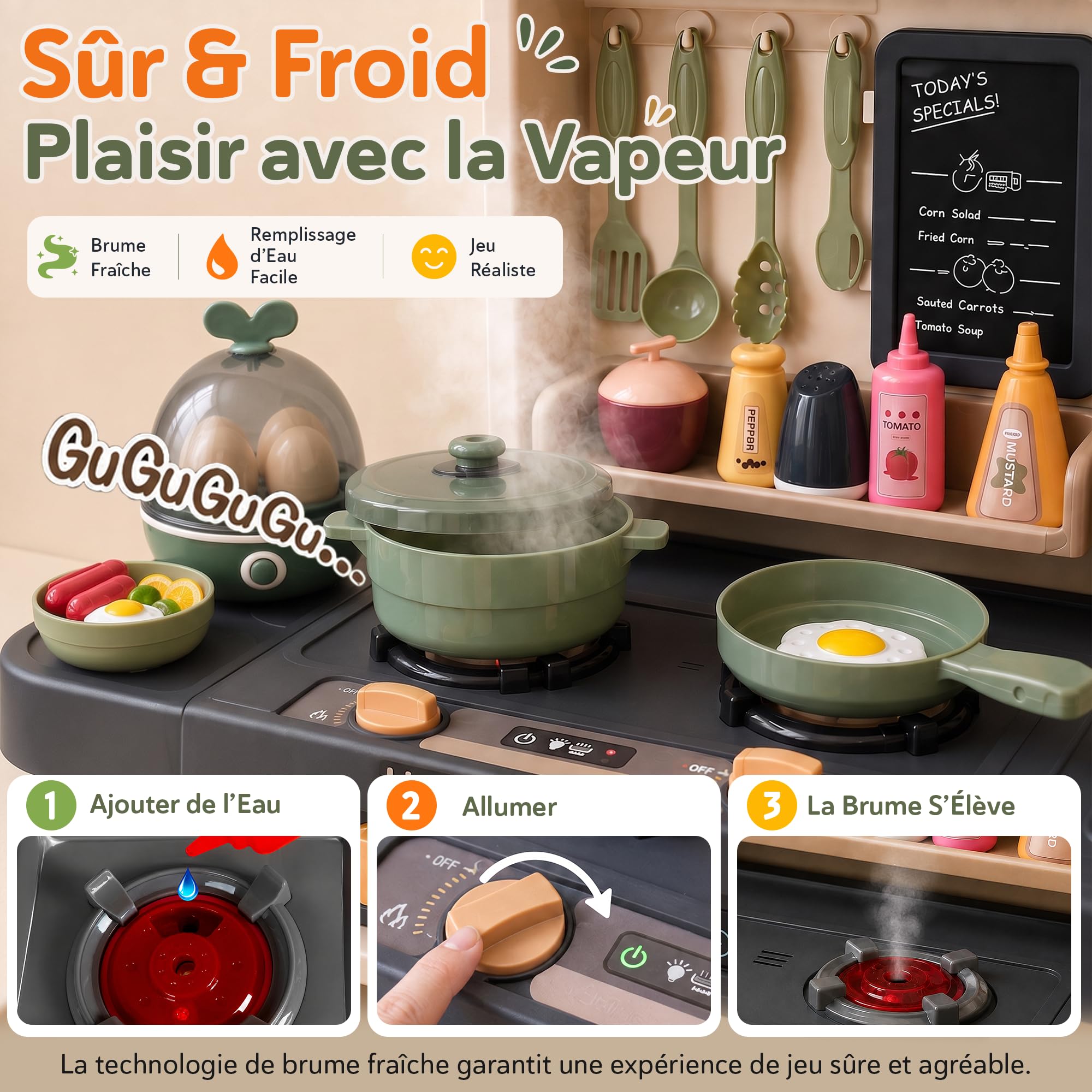Kinderplay Cuisine Enfant - Hauteur 93.5 cm, Plan De Travail 46 cm - 65 Accessoires | Dinette | Cuisine Fille Complete, KP3297