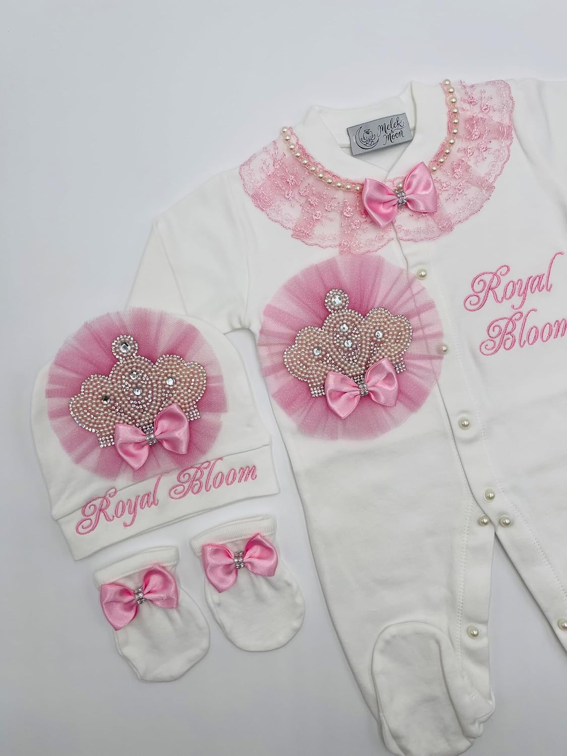 MELEK & MOON Personalized Luxury Infant Newborn Baby Girl Outfit – 3-Piece Cotton Set – Rosy Crown Blossom Set