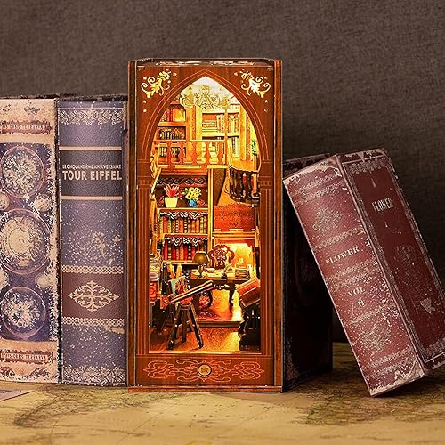 Miniatura 6 de Kit de rincón de libros, rompecabezas de madera 3D para casa de muñecas, rincón de libros, callejón de decoración, kit de modelo de construcción en