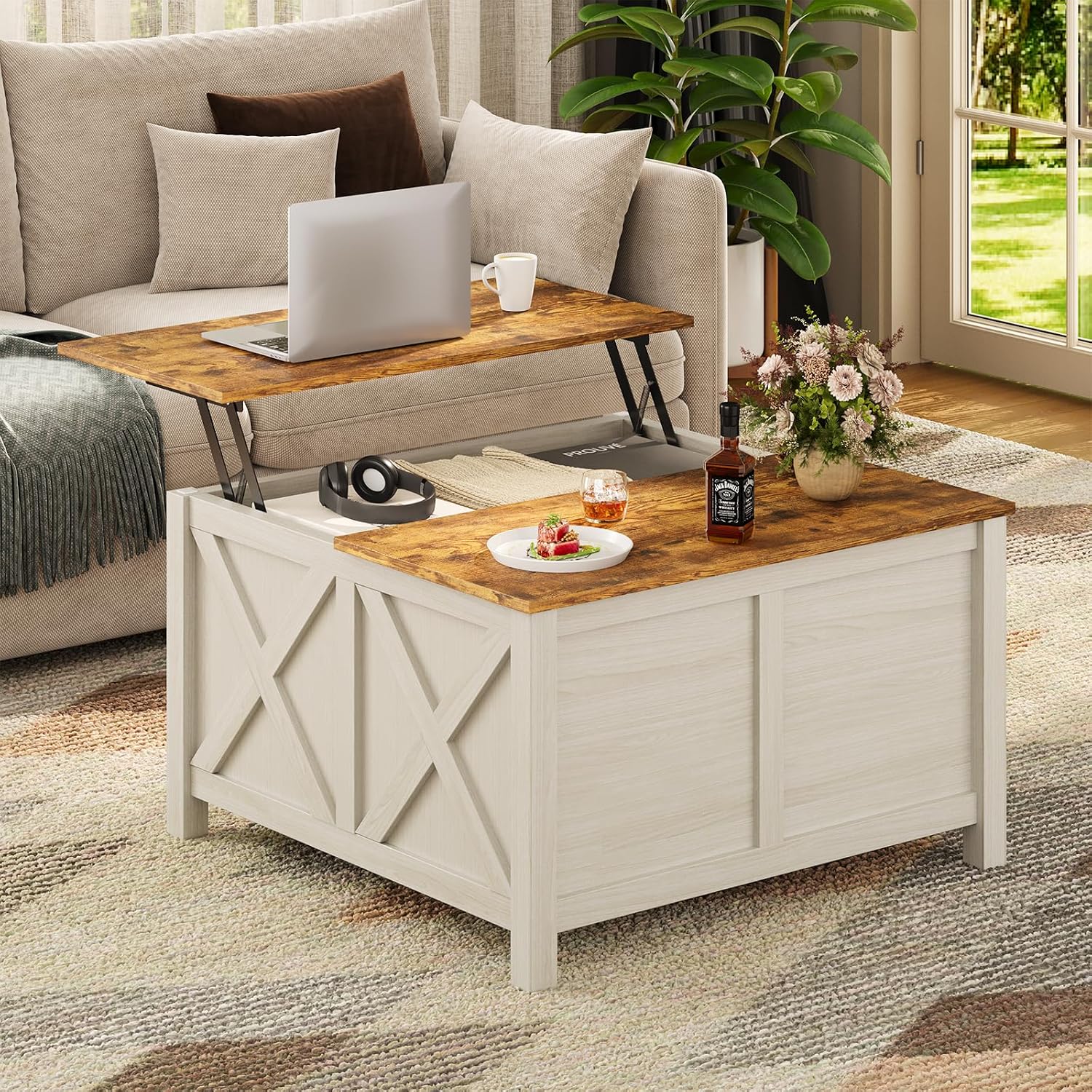 Cakhdry 31.5" Lift Top Coffee Table with Hidden Storage, Farmhouse White