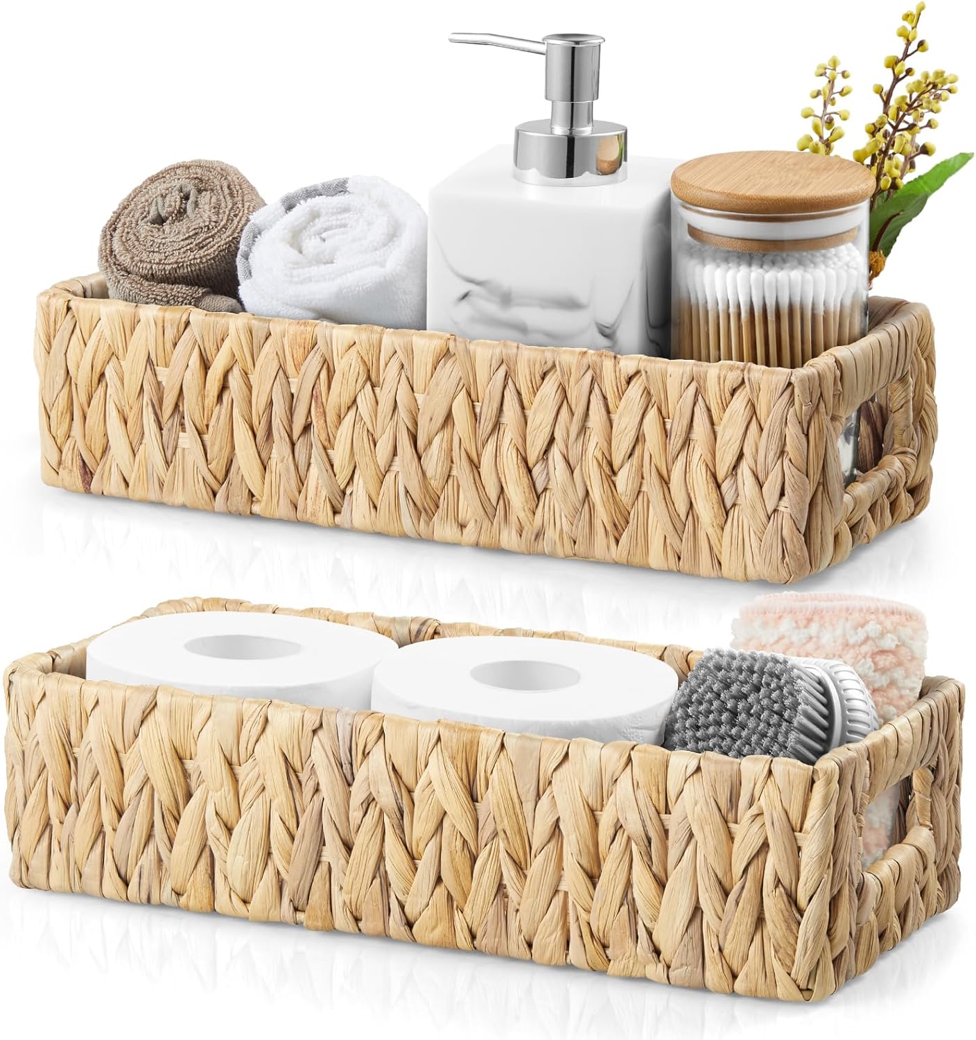 dreamkey Nesting Wicker Storage Baskets with Handles - Water Hyacinth Toilet Paper Organizer for Tank Top & Countertop, 2 Pack