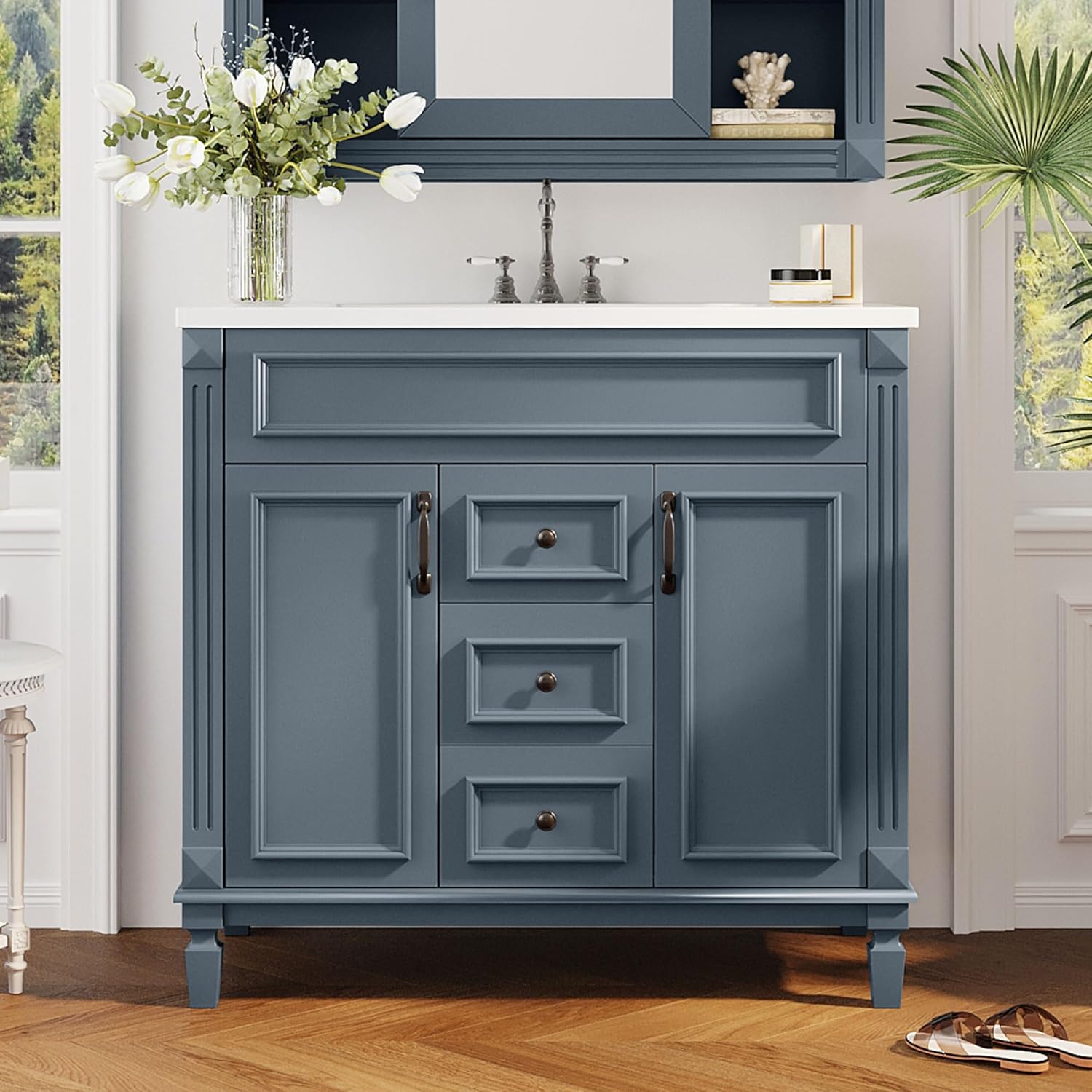 36'' Bathroom Vanity with Top Sink, Single Sink Bathroom Floor Standing Vanity with 2 Soft Closing Doors, Traditional Bathroom Storage Cabinet with 2 Drawers, Blue