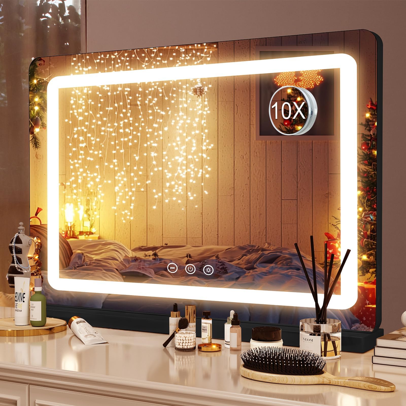 Saimeihome Hollywood Vanity Mirror with Lights, Large Makeup Mirror with 3 Light Colors, USB and 10X Magnifying, Touch Control Cosmetic Mirror for Tabletop or Wall Mount - 80x55cm Black