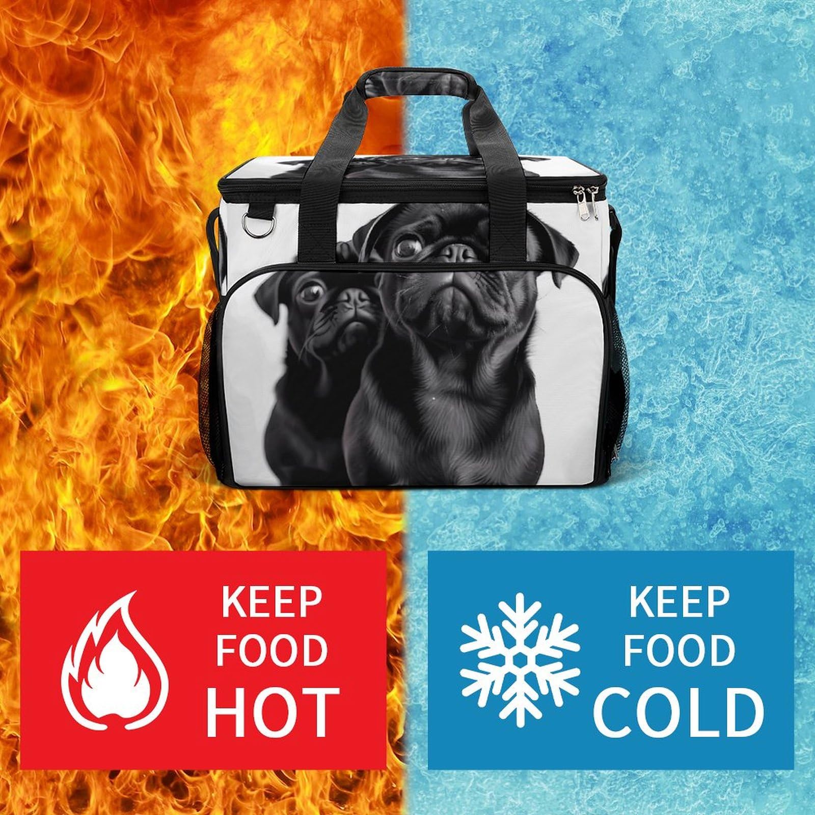 Camping Cooler Bag, Carino Nero Pug Dog Print Viaggio Picnic Bag Grande Capacità Cooler Bag Portatile Cooler Bag Multiuso Cooler, stile