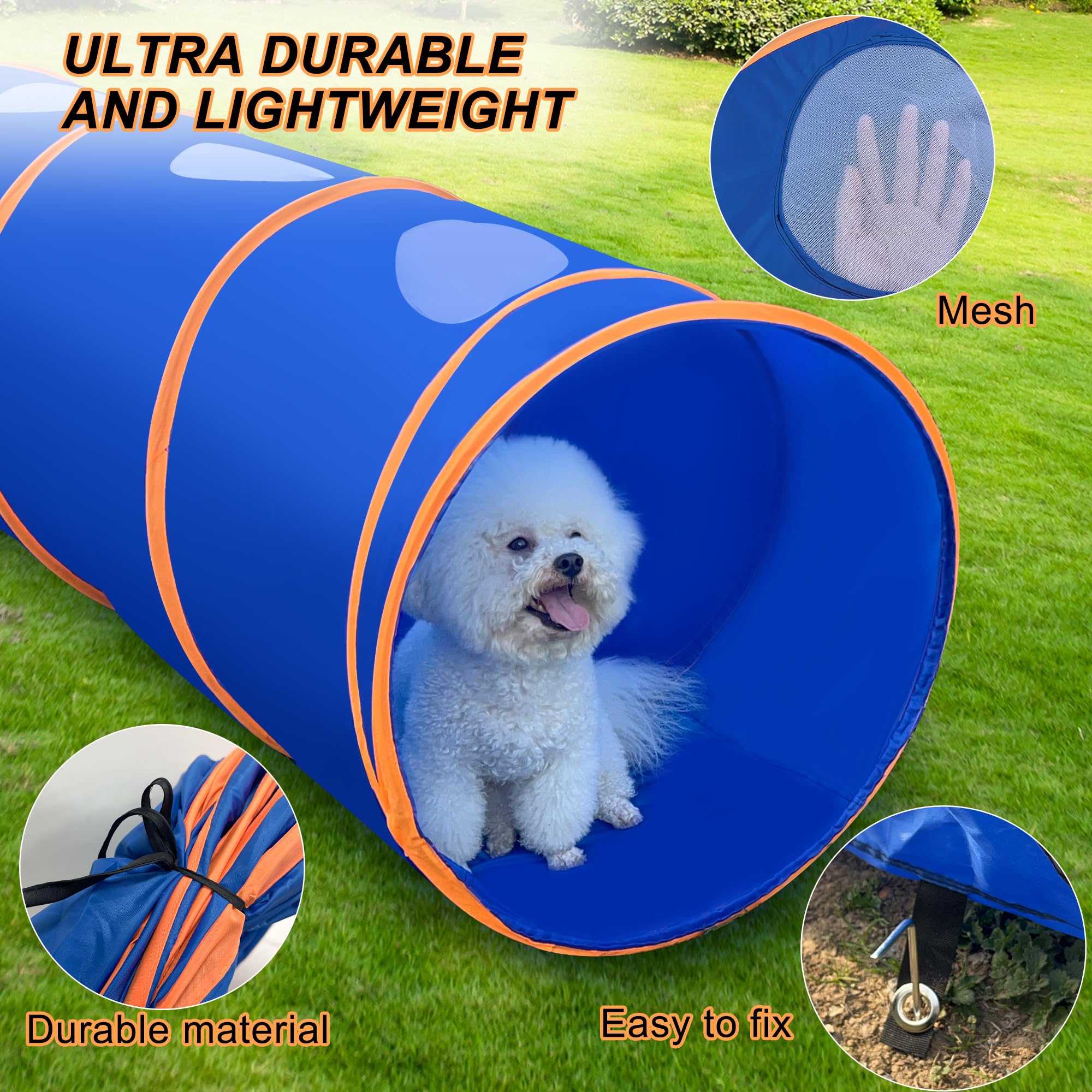 Agility-Tunnel für Hunde, 3 m, reißfester Oxford-Tuch, Trainingstunnel für alle Rassen, Innen- und Außenbereich, mit 4 Heringen und Tragetasche (Blau + Orange)