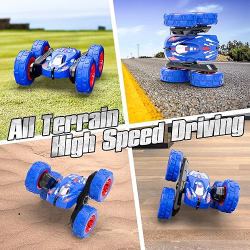 Miniatura 3 de STEMTRON Coche de control remoto anfibio azul con auto de acrobacias a control remoto de doble cara para correr rápido vehículos giratorios de 360