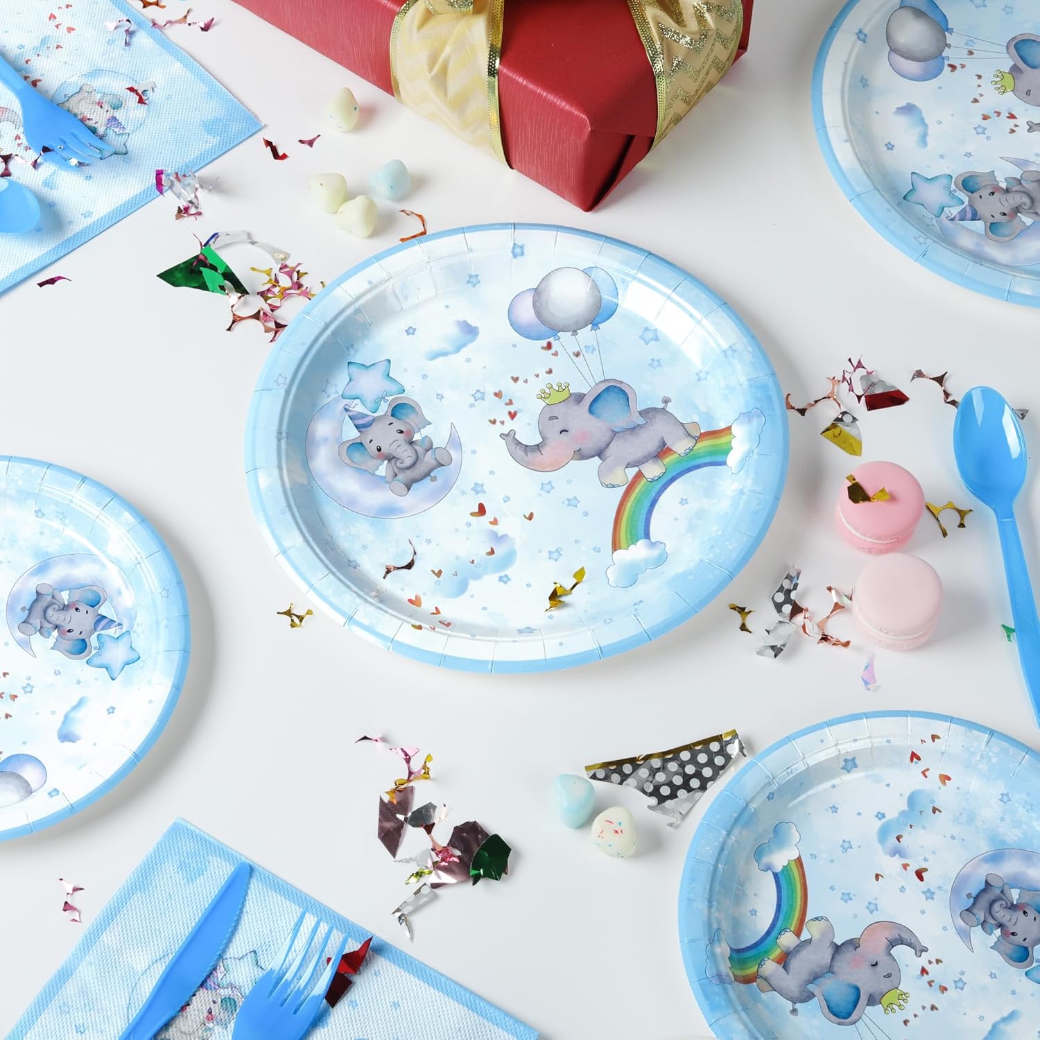 fanquare Elephant Party Supplies 160pcs Rainbow Paper Plates Cups Napkins Cutlery Straws Blue Party Dinnerware for Birthday Baby Shower, 20 Guests