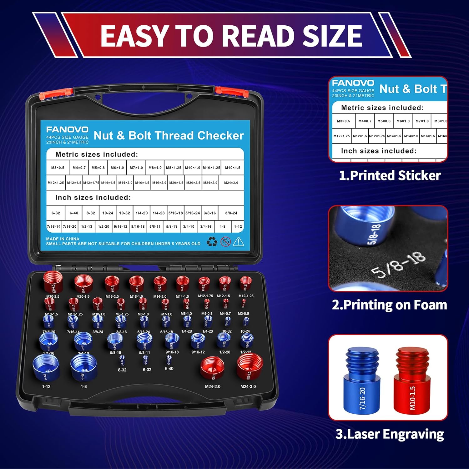 FANOVO Thread Size Checker, 23 Inch & 21 Metric Bolt and Nut Identifier Gauge Kit, Threaded Measurin Inspector Finder Tester Box Set, for Size Checker of Bolts or Nuts in Narrow Areas