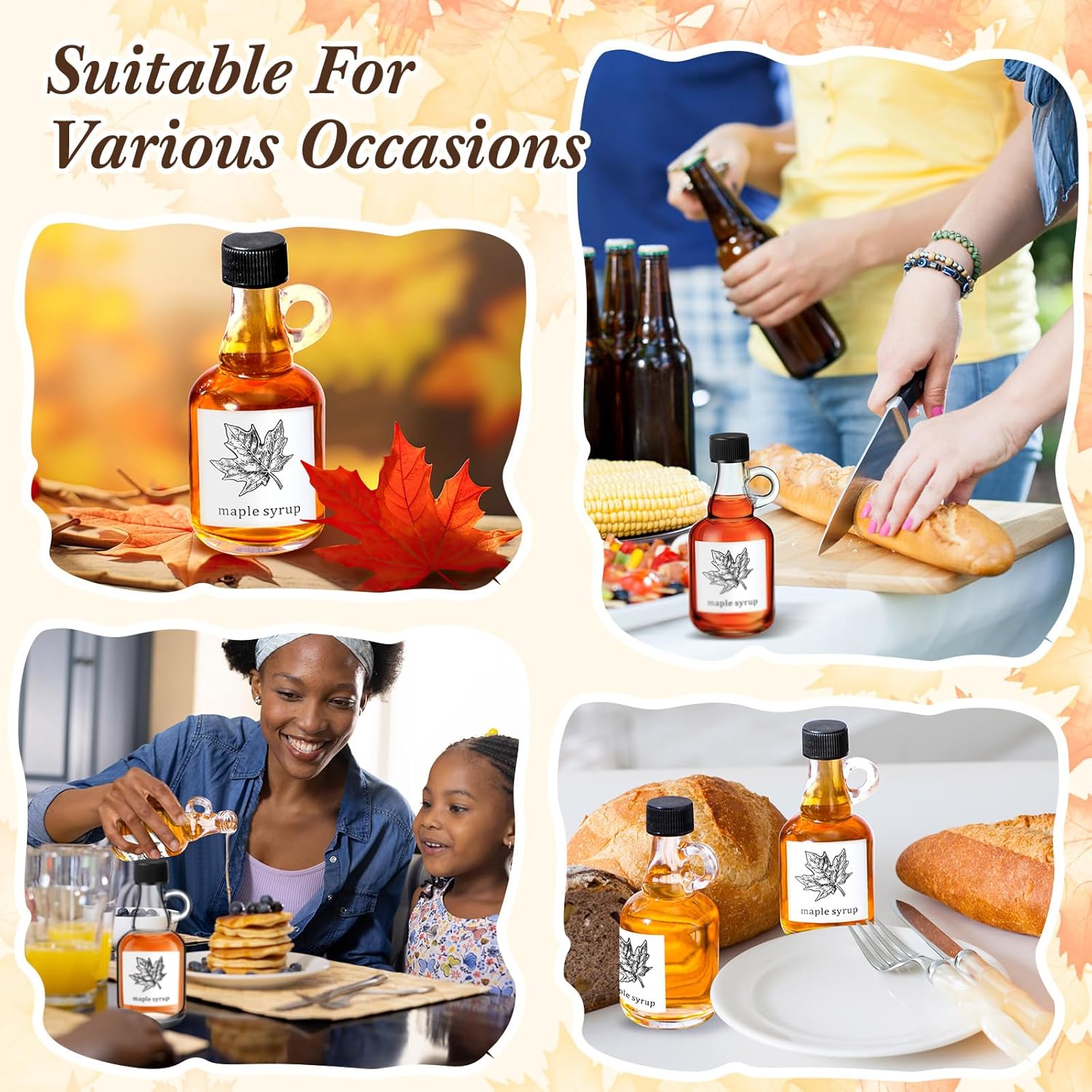SiliFine 24 Pcs 3.4oz Glass Syrup Bottles with Loop Handle, Plastic Lids and Maple Syrup Stickers, Clear Empty Glass Maple Syrup Bottles Small Reusable Syrup Jars Container for Milk Juice Sauce Gift