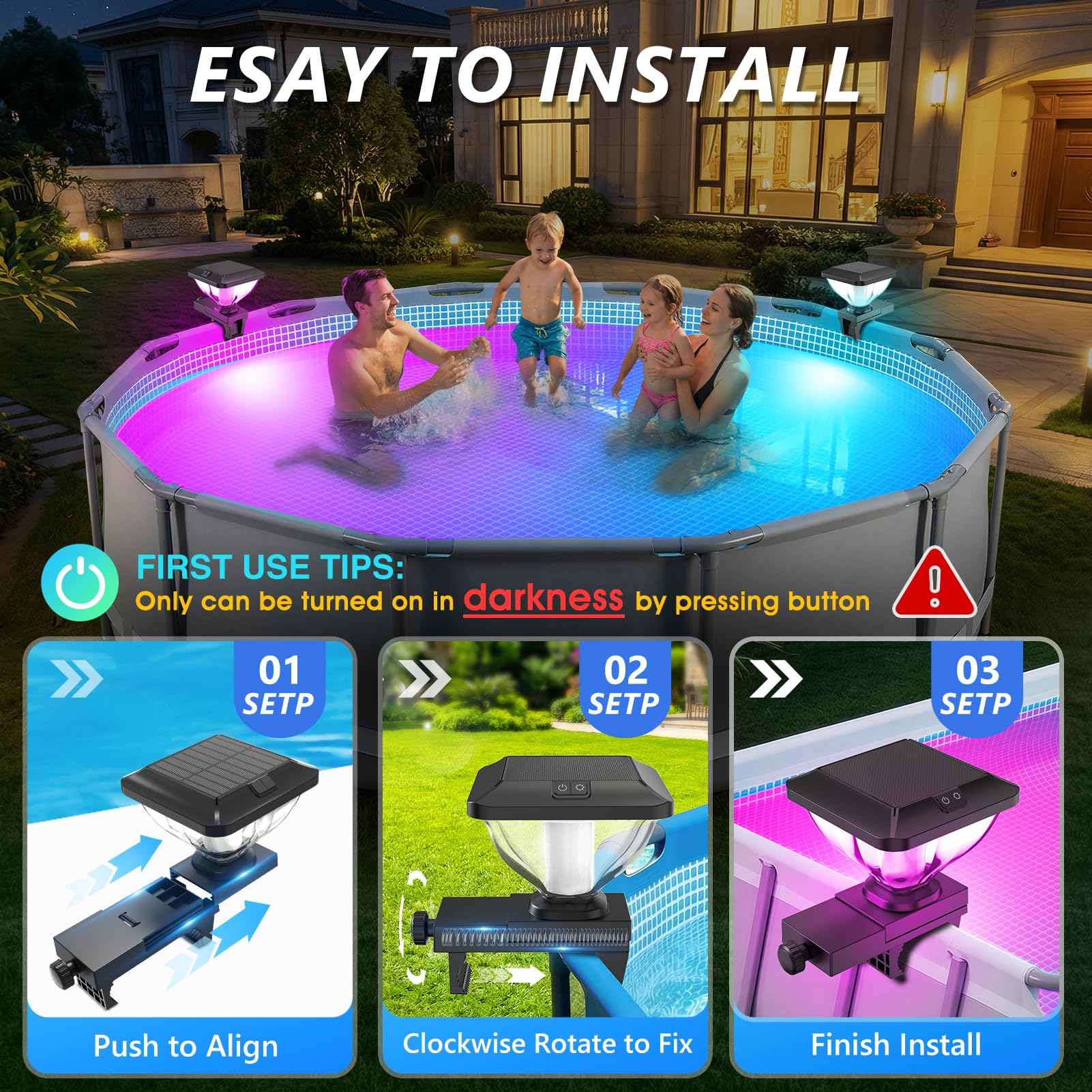 DeeprBling Luci Solari Piscina con Struttura in Telaio, Luci Piscina RGB con Effetti Luminosi Dinamici, Luci LED per Piscina Impermeabile IP68, Luce Piscina Fuori Terra con Alta Luminosità - 1 Pezzo