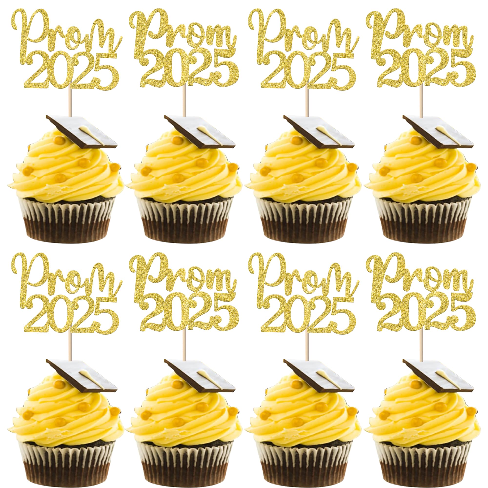 SYKYCTCY 24 Pack Prom 2026 Graduation Cupcake Toppers Glitter 2026 Prom College Cupcake Picks for Congrats 2026 Graduation Class of 2026 Theme School Party Cake Decoration Supplies Gold