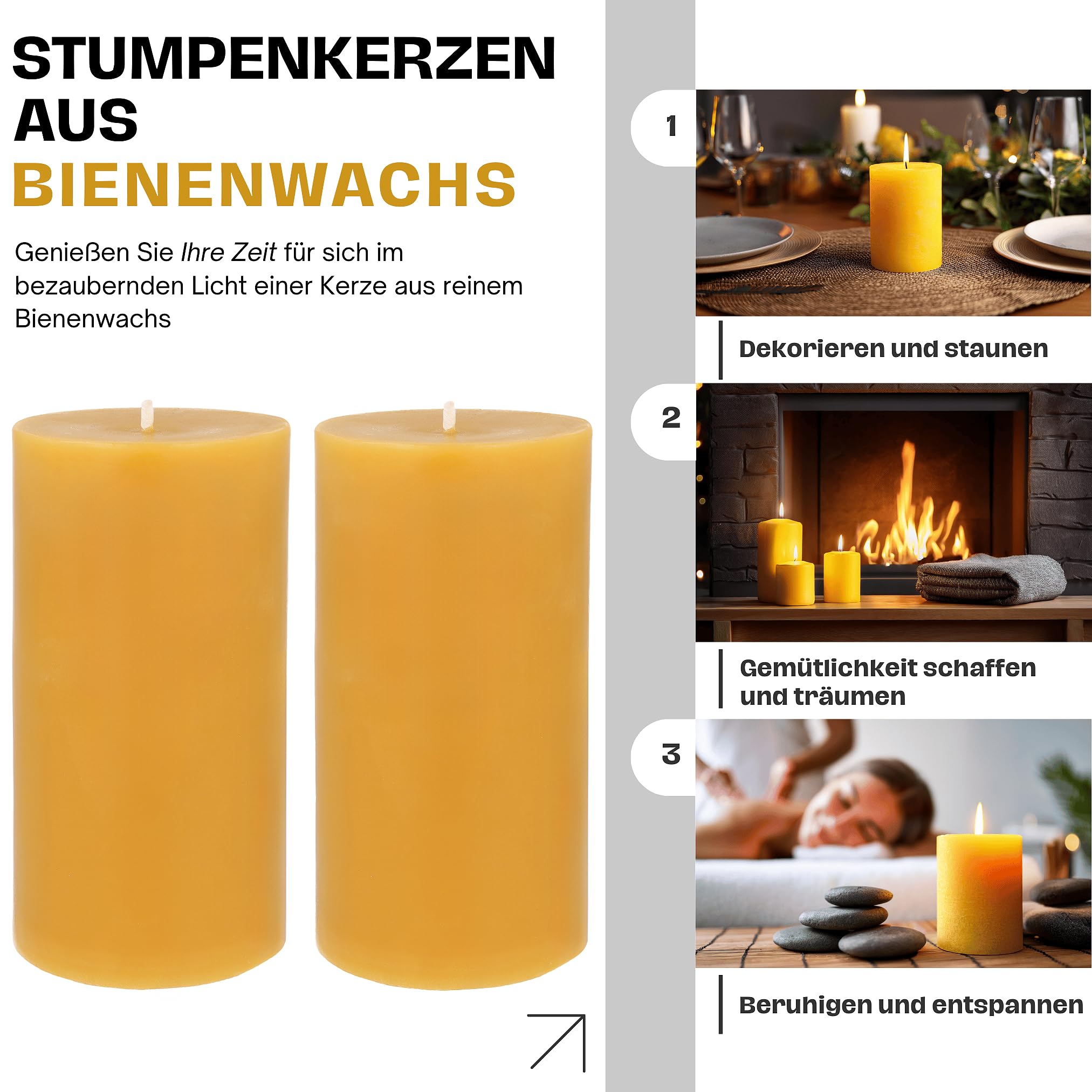 Danilovo Stumpenkerzen aus 100% Bienenwachs – Bienenwachskerzen in Premium-Qualität, Luxuriöses Accessoire für ein Gemütliches Zuhause (2 Stk., 7.5 x 15 cm, Brenndauer 100 Std)