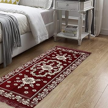 Amazon Brand - Solimo Velvet Anti Slip Bedside Runner (4 * 2 ft, Flower, Maroon)