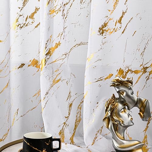 Miniatura 7 de 2 paneles de cortinas traslúcidas de mármol blanco dorado para dormitorio, sala de estar, dorado metálico de 84 pulgadas de largo, bolsillo para