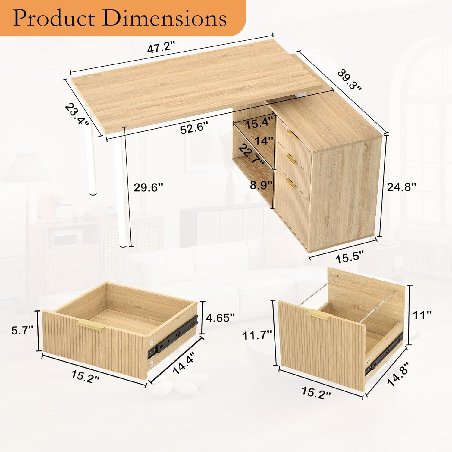 L Shaped Desk with Drawers: 53" Large Oak Fluted Corner Executive Office Desk with Storage, Wooden Home Reversible L-Shaped Computer Desk with File Cabinet (Oak)