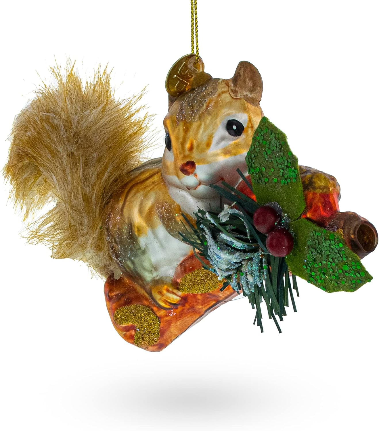 Cheerful Squirrel on a Blossoming Branch Blown Glass Christmas Ornament - Image 2