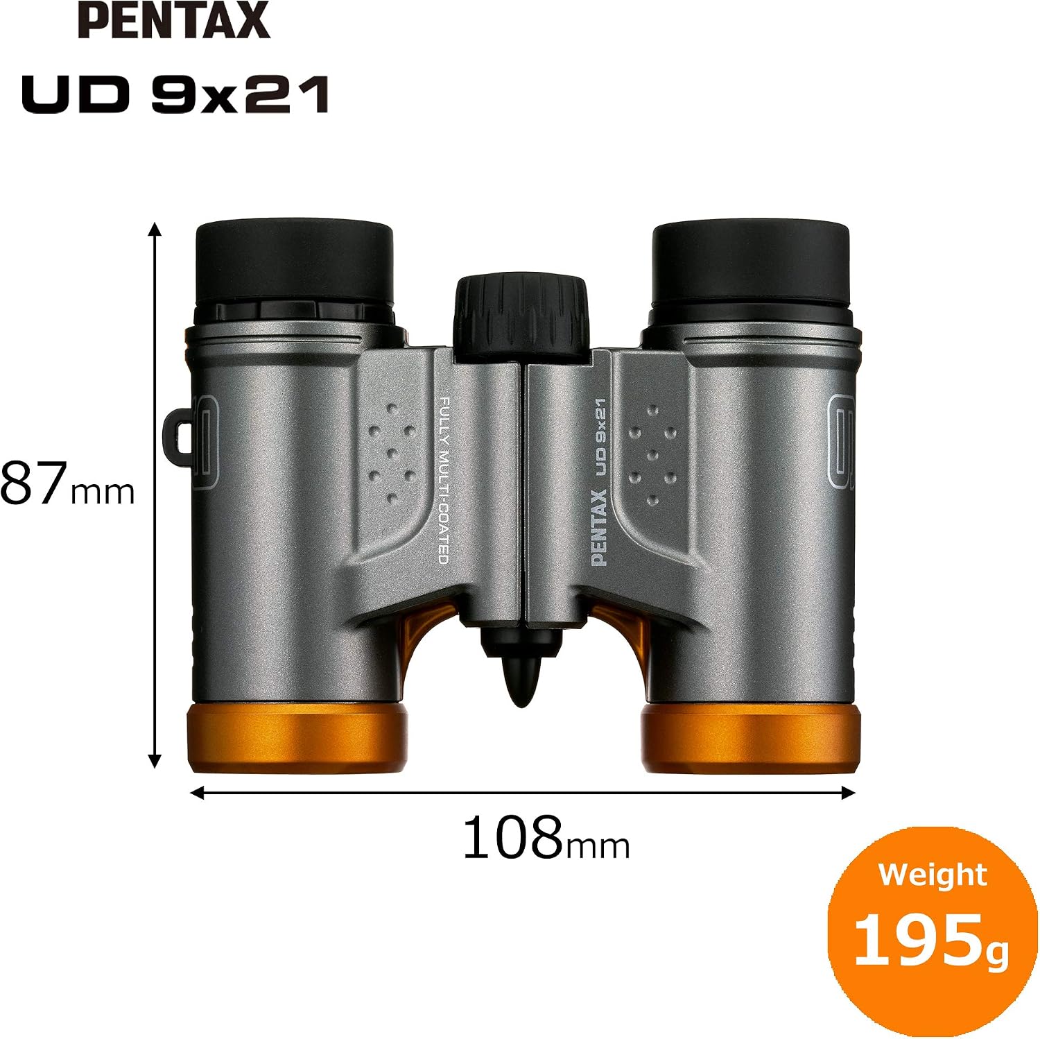 PENTAX Binoculars UD 9x21 - Gray and Orange. A bright and clear field of view, lightweight body with roof prism, Fully Multi-Coated optics, 9x magnification, ideal for concerts, sports, traveling.