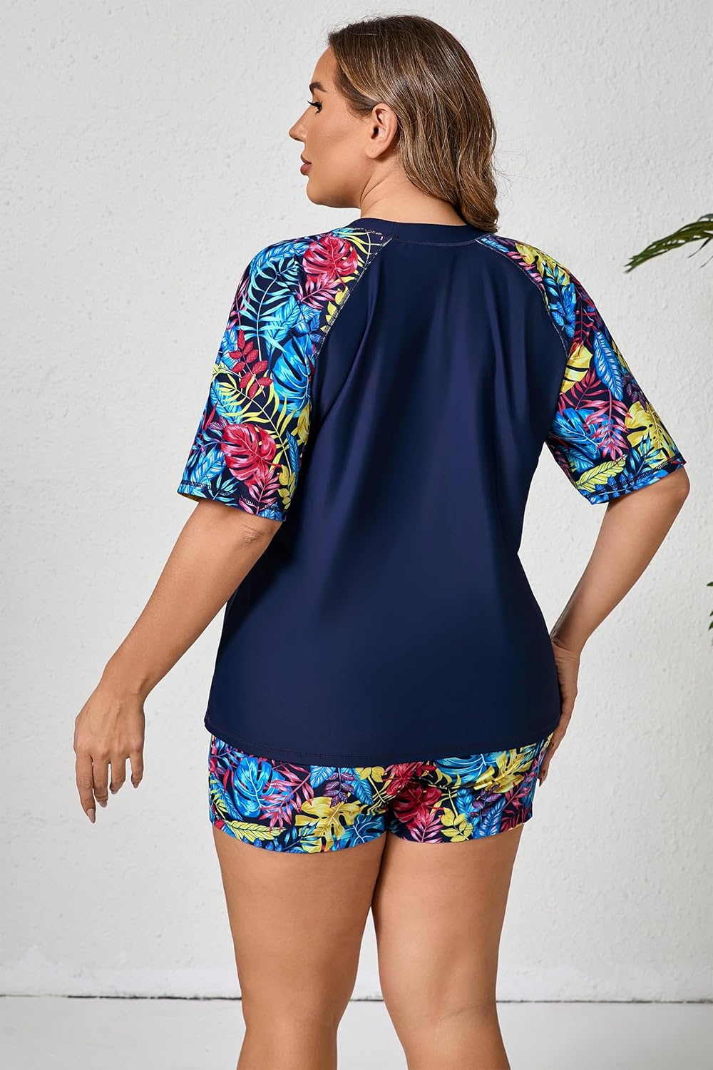 Womens Plus Size Short Sleeve Rash Guard Sets Swim Shirts with Shorts UPF50+ Two Piece Swimsuit