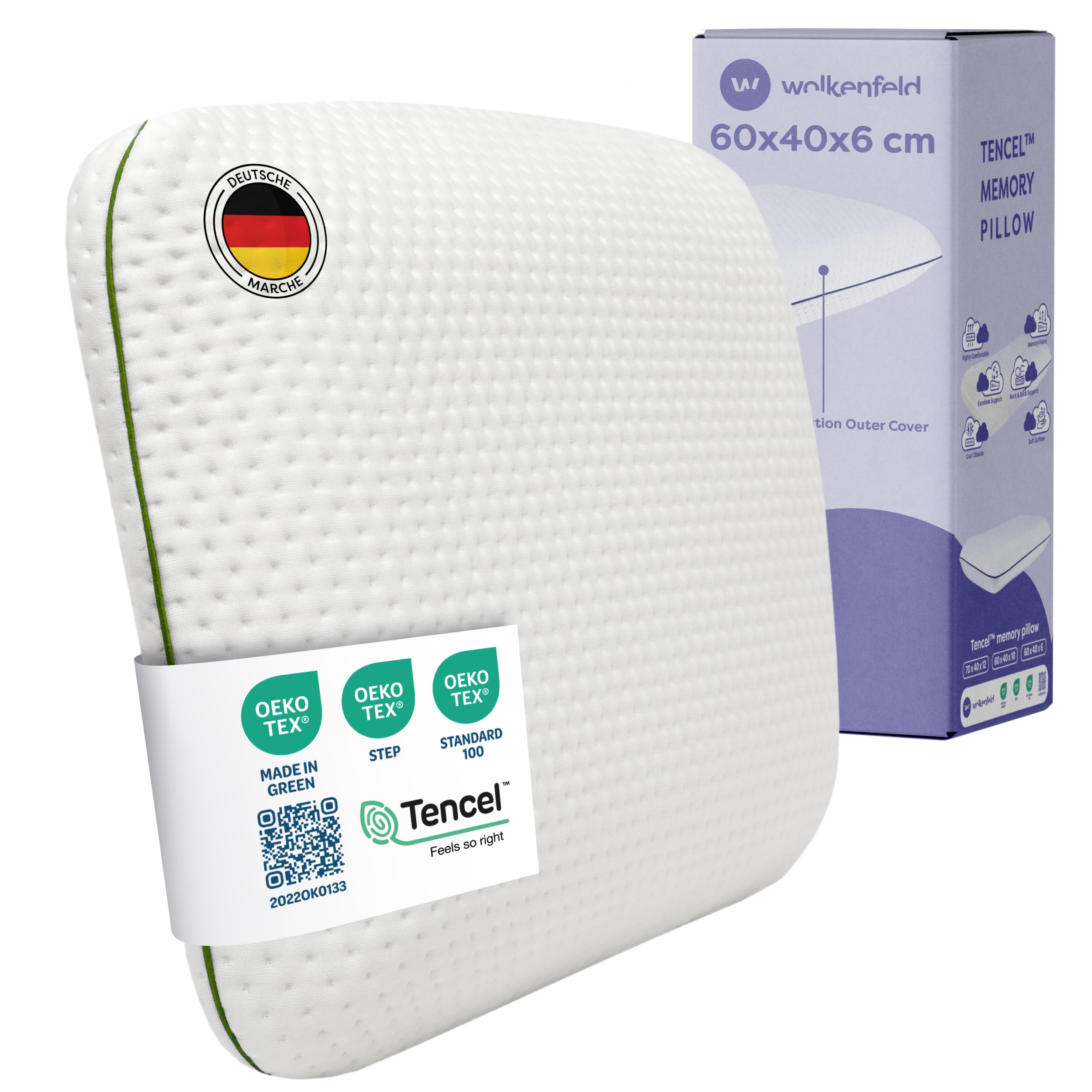 Wolkenfeld Kinderkissen 60x40x6 Ab 2 Jahren – Memory Foam, Tencel Bezug
