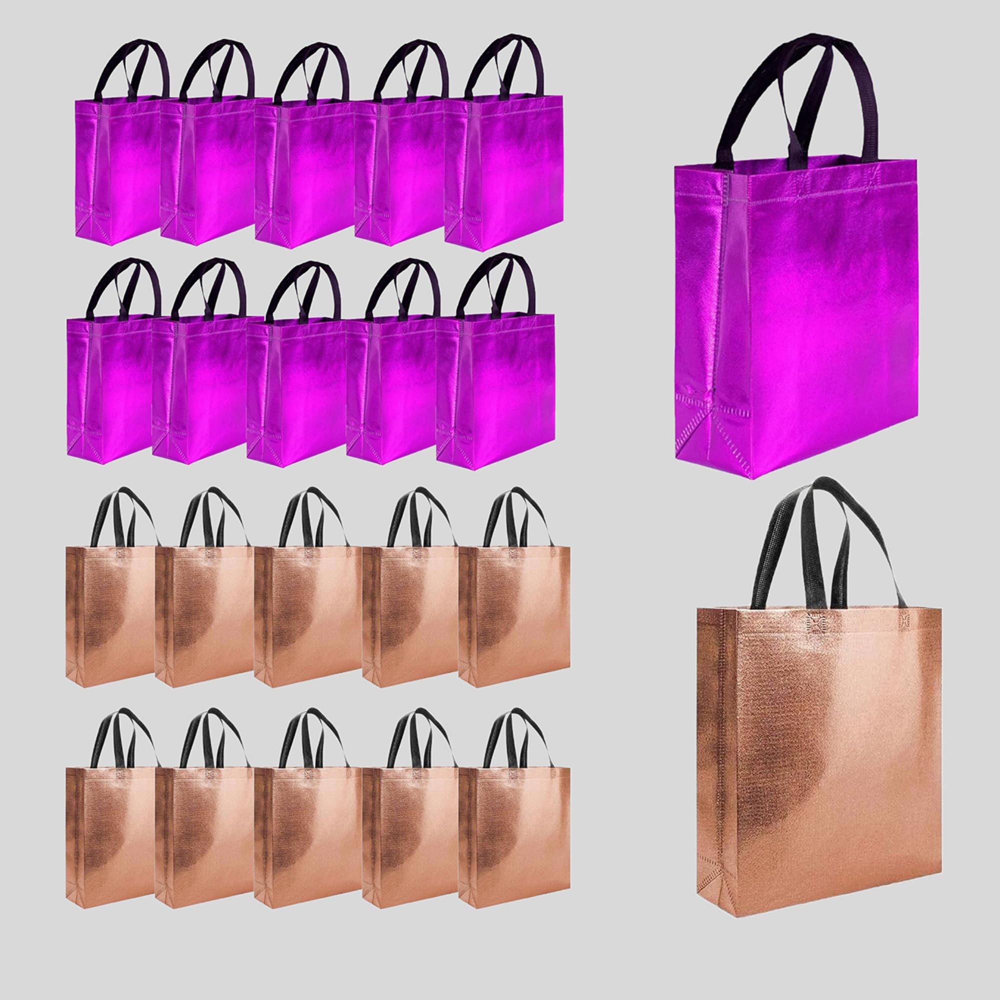 Evafly Gift Bag Medium Size Pack of 20 : L13 x W12 x D4 inch|Resuable Non-Woven Shiny Metallic Laminated|Return Gift For Haldi/Wedding Favours/Baby Shower/Birthday|2 colors|Pink + Copper