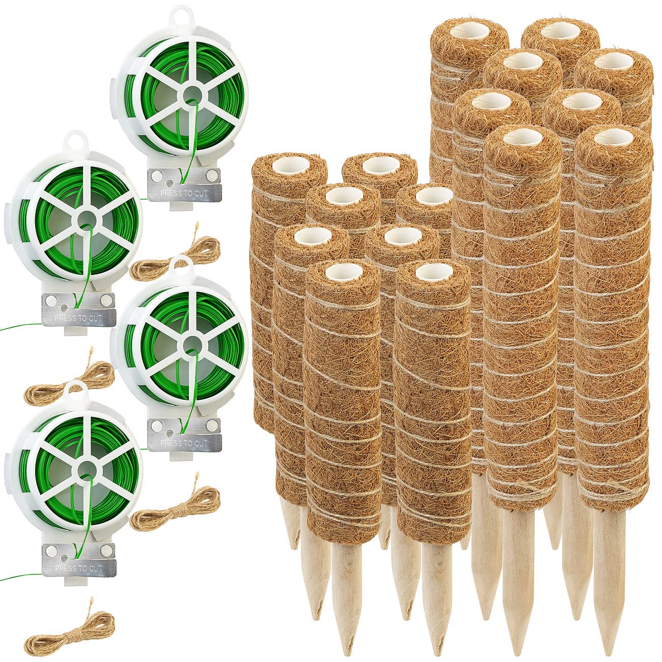 Royal Gardineer Pflanzstäbe Monstera: 16er-Set Rankhilfen aus Kokosfaser & Holz, 2x40 cm, 2x30 cm,Juteschnur (Rankhilfe Pflanzstab, Rankhilfen Zimmerpflanzen, Wein)