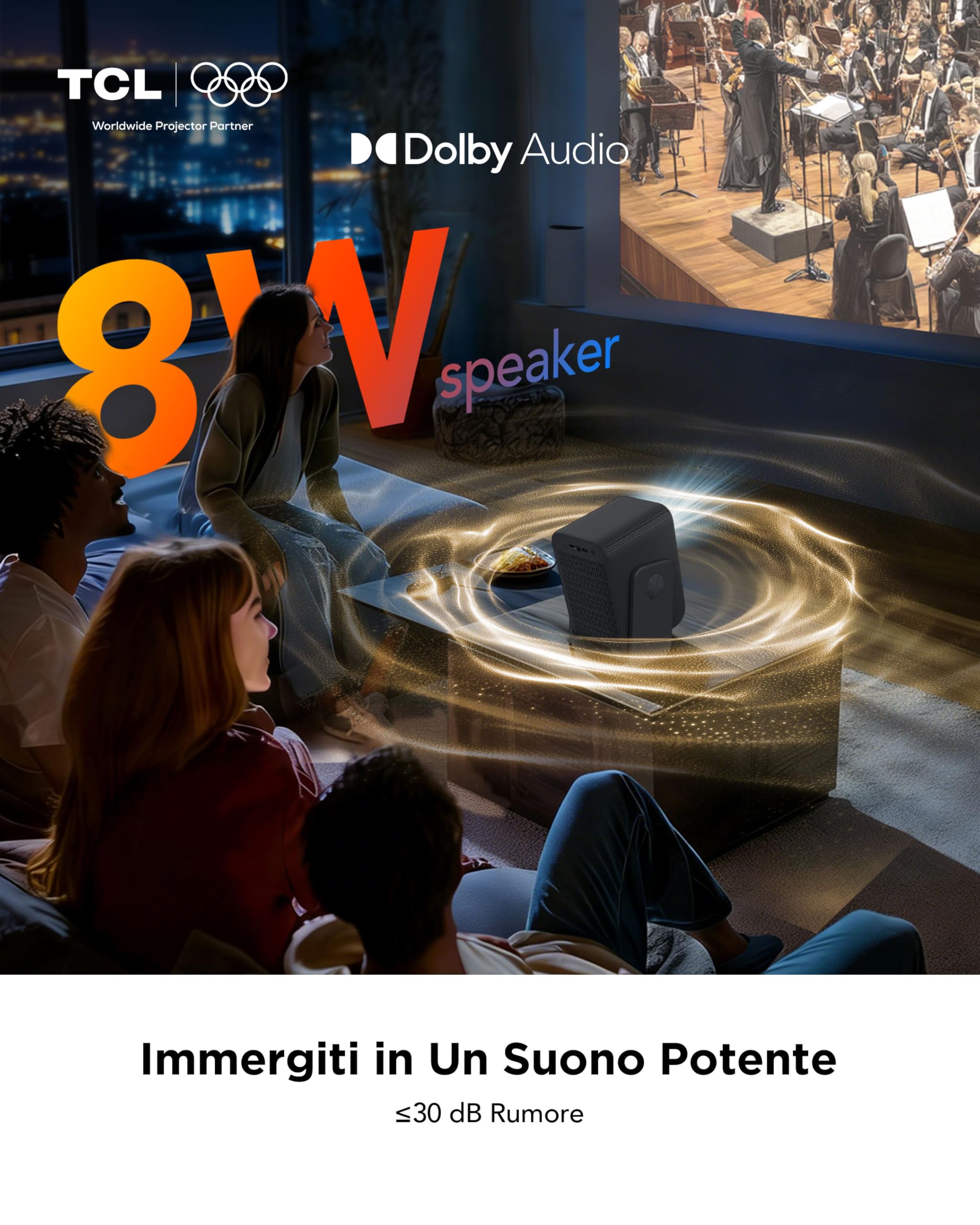 TCL C1 Mini Proiettore Portatile, 4K Supporta, Nativa 1080P, Licenza Netflix Smart Google TV, Con Messa a Fuoco Automatica e Correzione Trapezoidale, Wi-Fi Bluetooth, 8 W Audio Dolby, Rotabile 285°