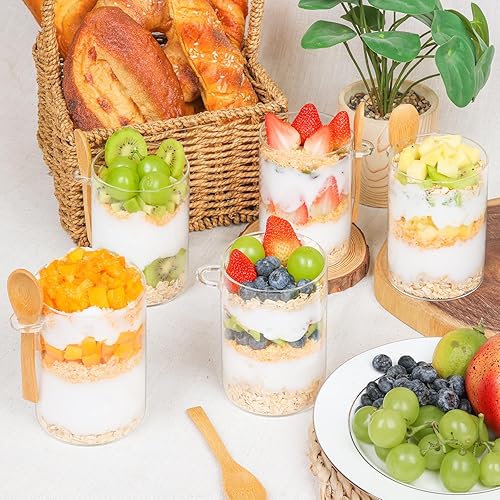 Miniatura 7 de ComSaf Juego de 6 tarros de vidrio de 19 onzas con tapas y cucharas de bambú, recipientes de avena durante la noche con tapas, recipientes de café