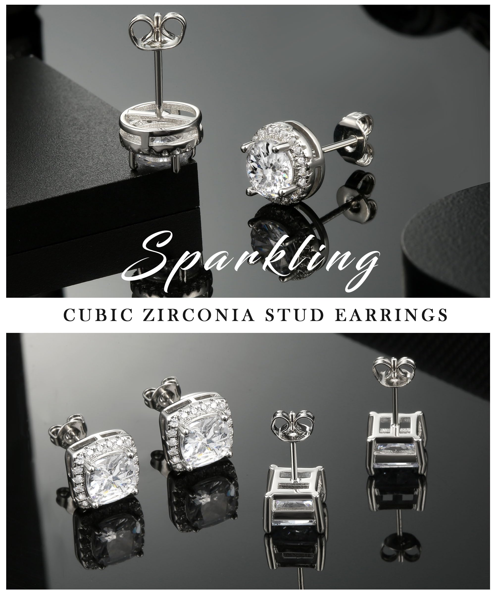 Cubic Zirconia Stud Earrings for Women Mens Earrings Hypoallergenic Square CZ Studs Set