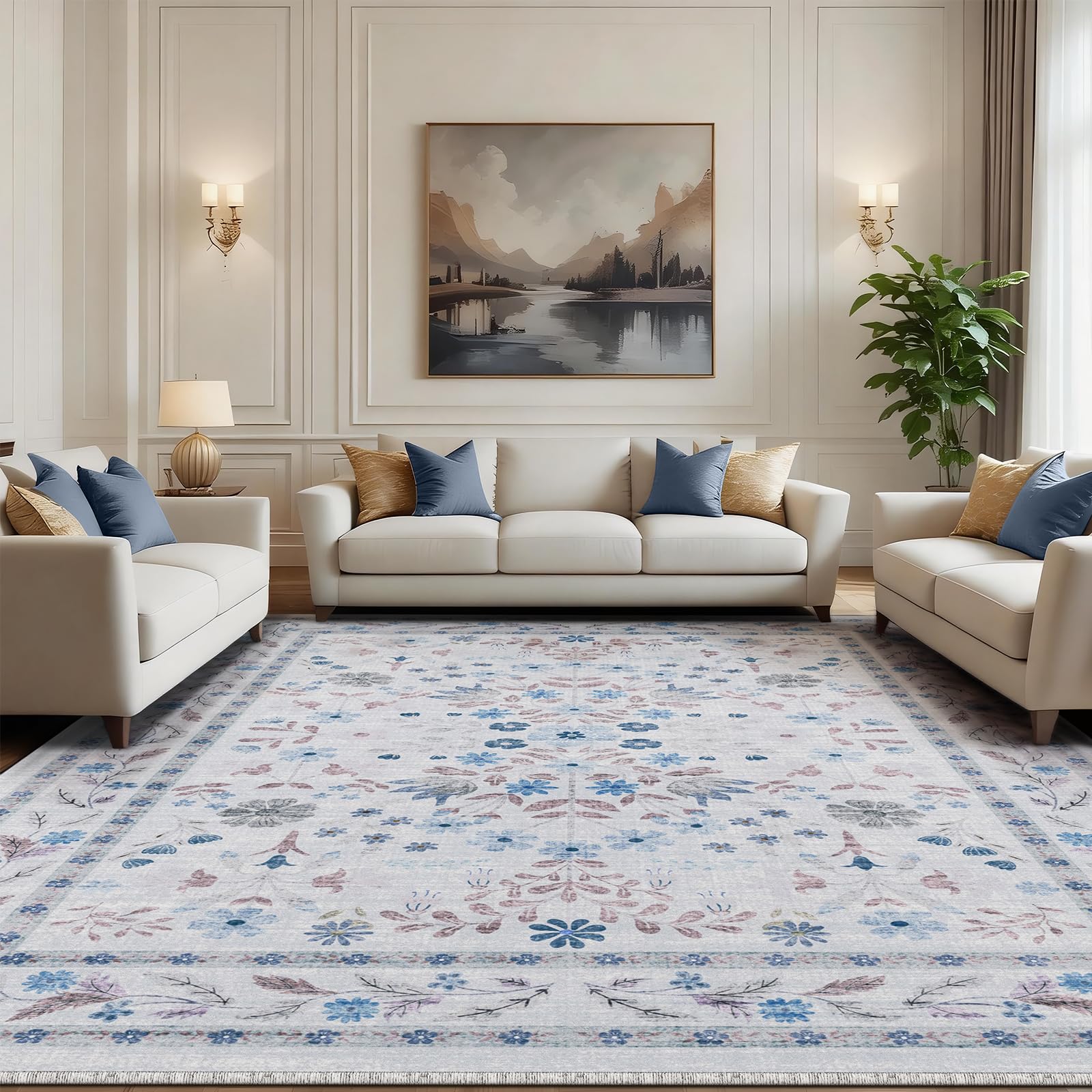 BYBSRLL Rugs Living Room 90x150cm, Vintage Floral Rug, Washable Rug & Non-Slip Low Pile Carpet, Soft Boho Large Rugs, Garden Runner Rug for Bedroom, Kitchen, Entryway, Hallway, Dinning Room, White