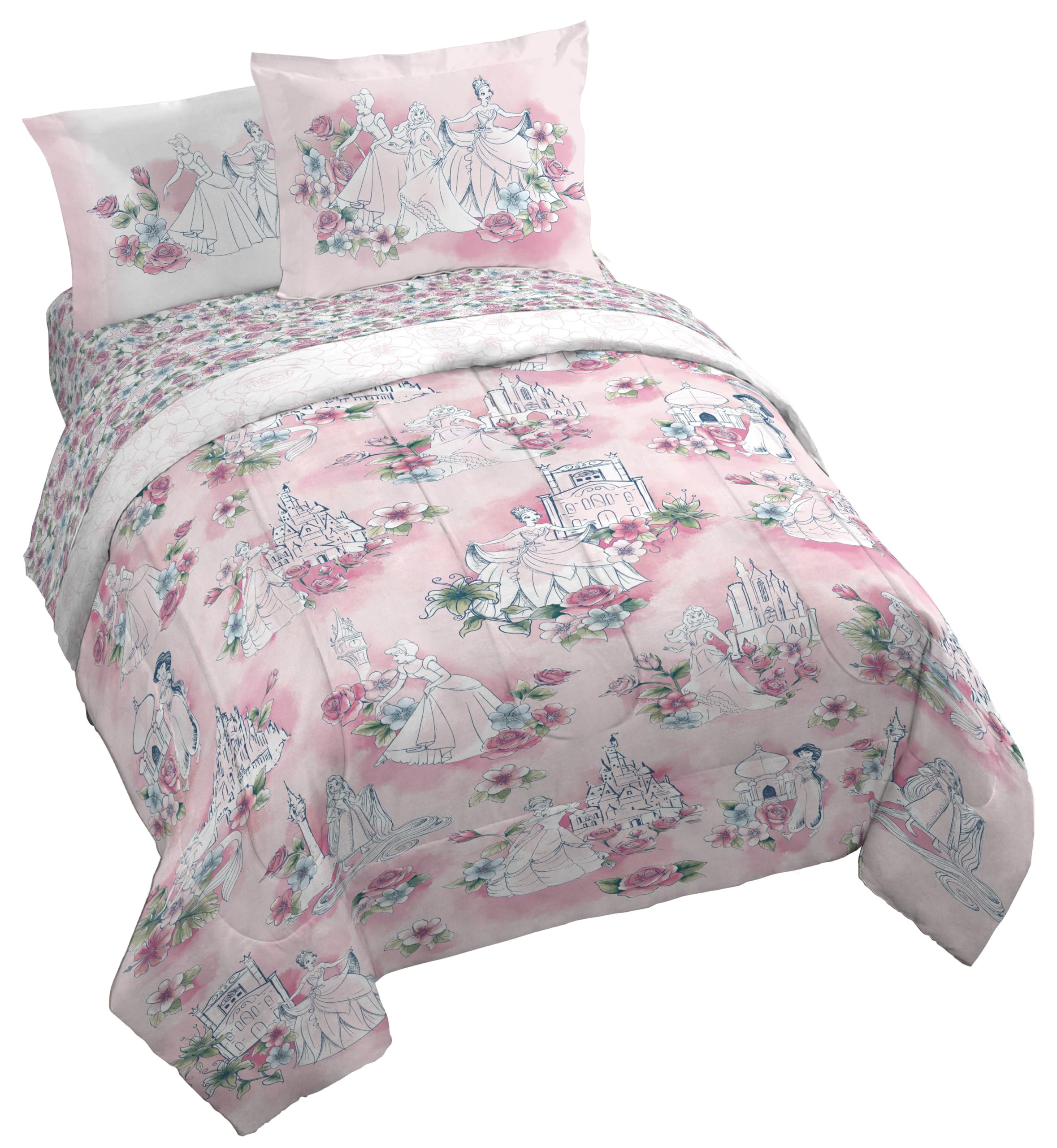 Disney Princess King Comforter Set 7 Piece Floral Bedding for Girls, Pink