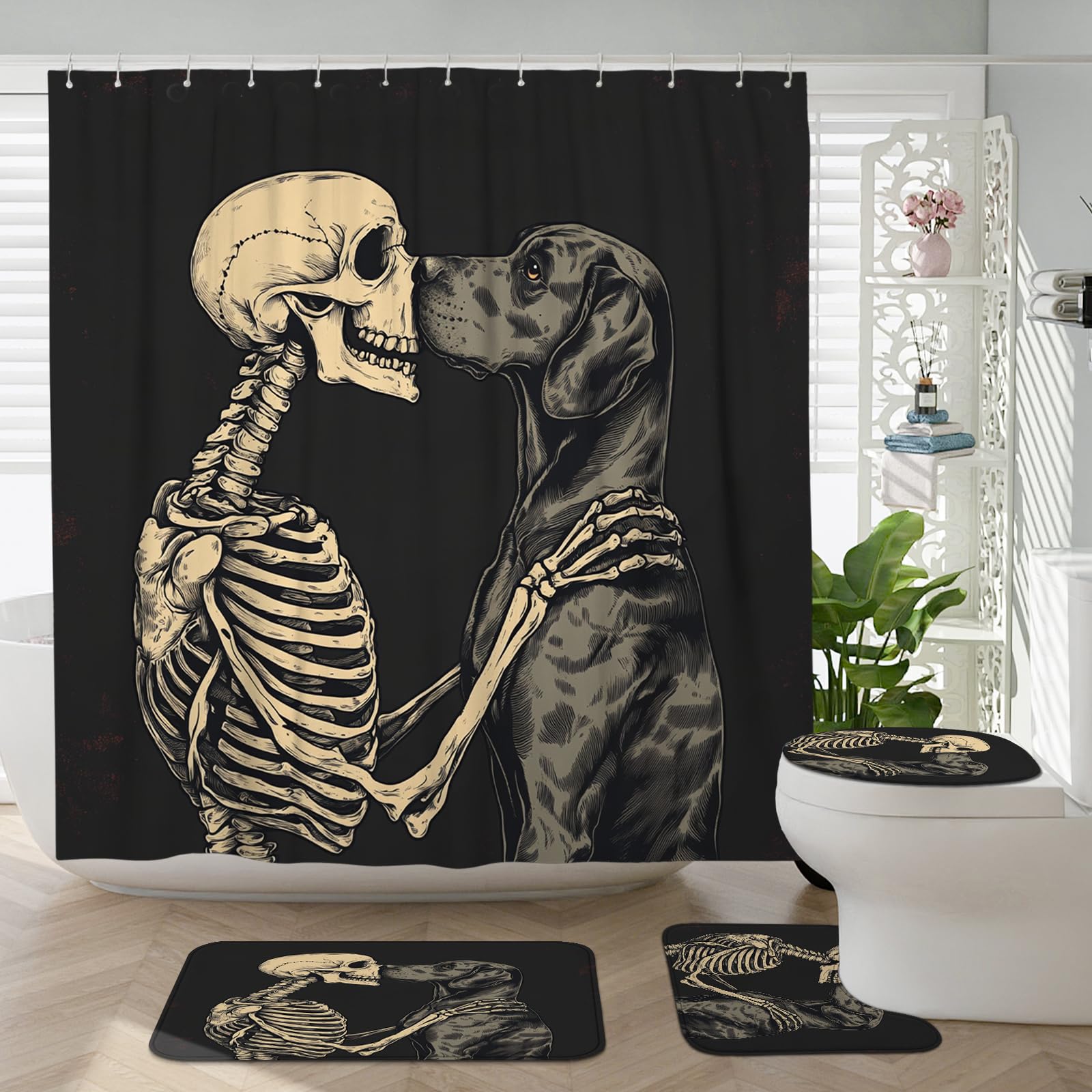 Rideau de douche vintage Halloween motif tête de mort avec tapis de bain en U et crochets