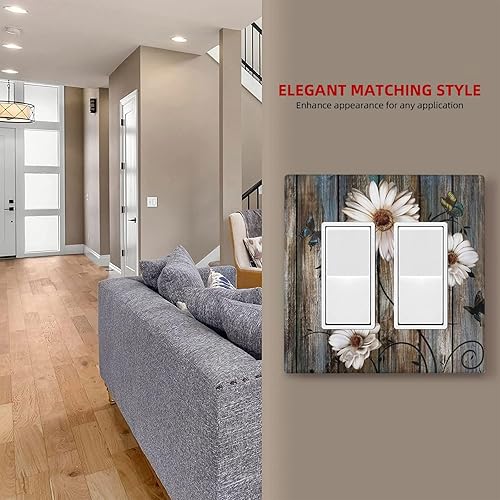 Miniatura 7 de Ukutarly Cubierta de interruptor de luz basculante doble de madera rústica, mariposa, margarita, 2 cuadras, placa de pared vintage eléctrica, placa