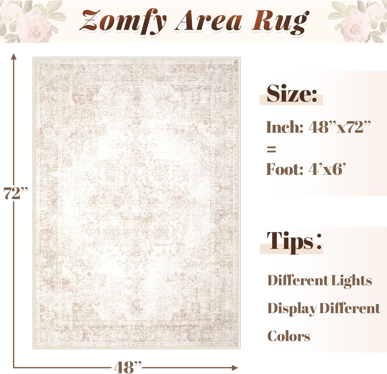 area rug 4x6 vintage rug: washable indoor medallion rugs low pile distressed floor carpet retro accent rug for living room bedroom kitchen dining table home office(retro beige, 4'x6') retro beige 4' x 6' (rectangular)