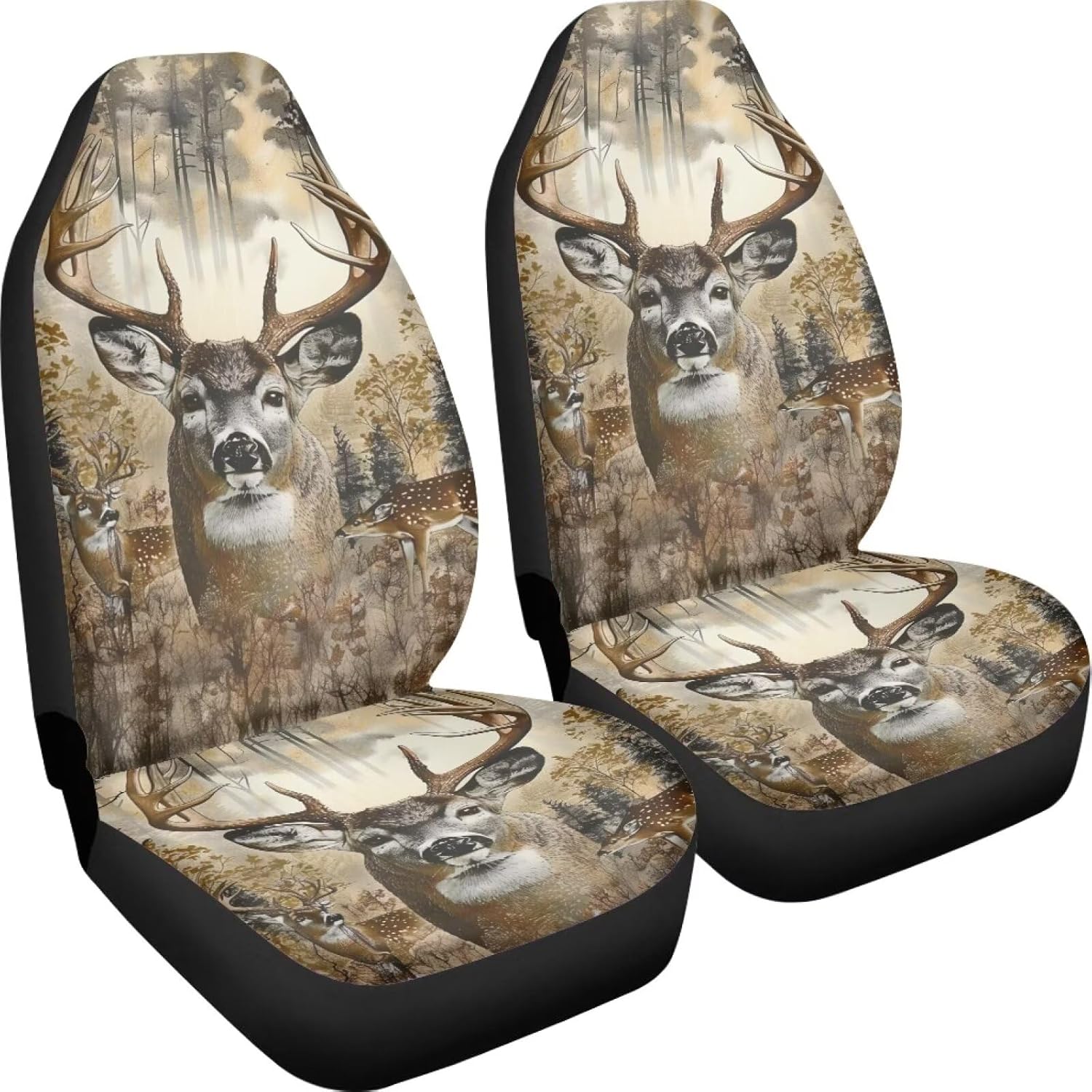 Camo Deer Car Seat Covers Front Seats Only Hunting 2 Piece Bucket Seat Cover Protector Women Men Auto Front Seats Interior Accessories Bench Cover Universal Fit SUV Truck Sedan Van