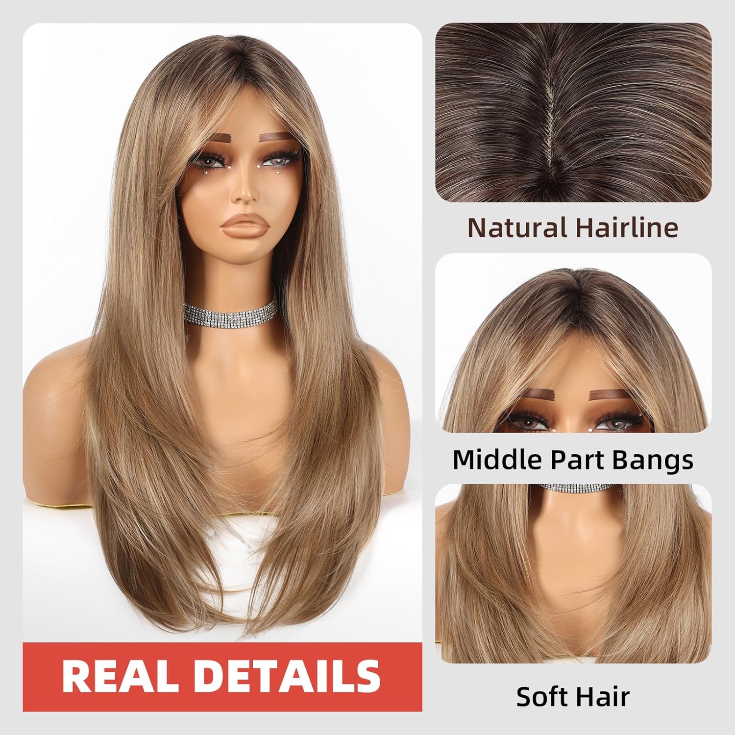 Allbell Ombre Light Brown Wigs For Women Long Straight layered 24 inch Middle Part Wig Natural Looking Synthetic Heat Resistant Fiber for Daily Party Use