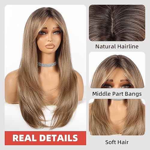 Miniatura 9 de Allbell Pelucas marrones para mujer, peluca de cabello natural largo y liso en capas con raíces marrón oscuro, parte media, peluca sintética