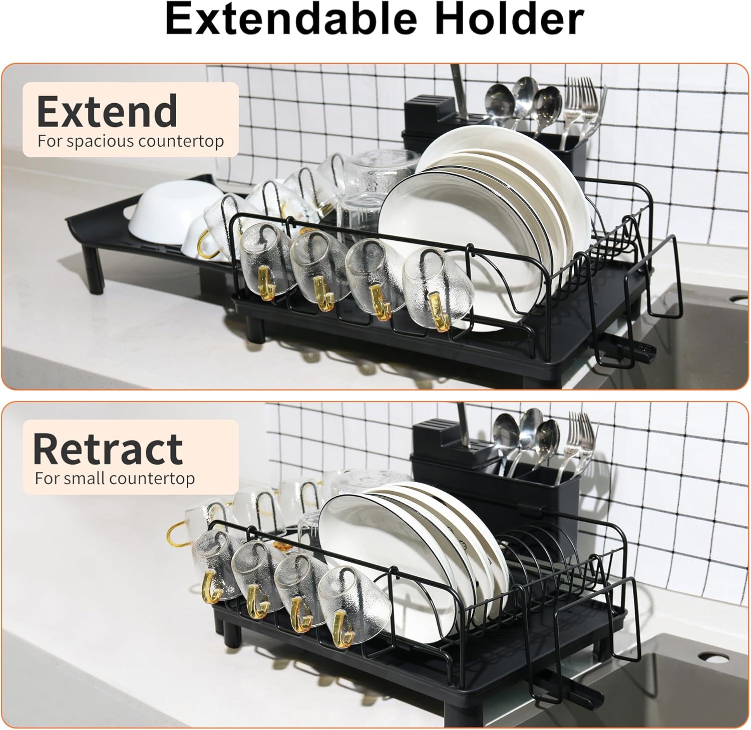 Large Dish Drying Rack, Dish Rack for Kitchen Counter, Extendable Dishes Drying Rack with Drainboard and Cutlery Holder, Anti Rust Dish Rack with Mug Holder, Black