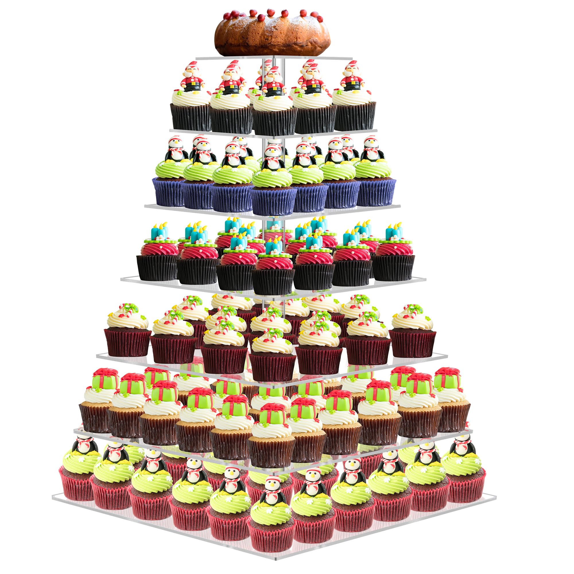 Soporte grande para cupcakes de 7 niveles, soporte cuadrado para 150 cupcakes, soporte escalonado para cupcakes, soporte de torre de acrílico transparente, juego de exhibición de mesa de postre para