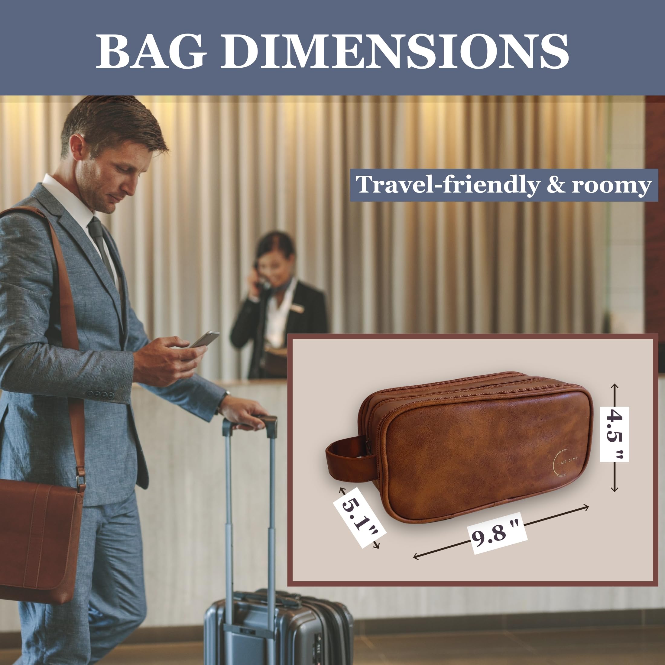 Premium Herren-Kulturbeutel mit Kordelzugbeutel – strapazierfähiger, wasserabweisender Reise-Organizer in Lederoptik für Rasur, Pflege und Hygiene-Essentials, Kastanienbraun, 9.8 x 5.1 x 4.5