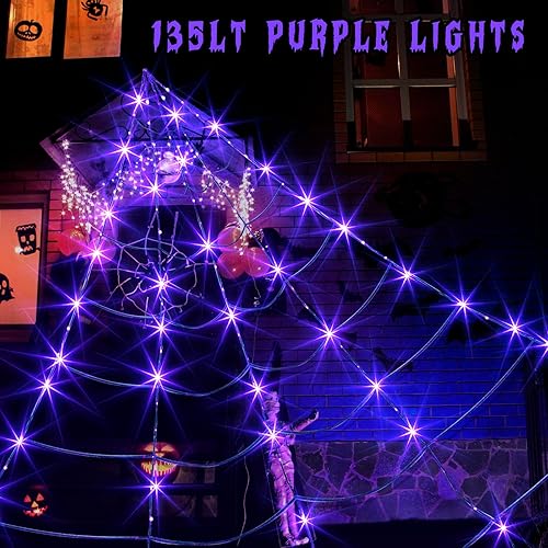 Miniatura 2 de Vanthylit Decoraciones de Halloween para exteriores, luces gigantes de telaraña de 16 x 15 pies con 135 luces LED moradas iluminadas para fiestas,
