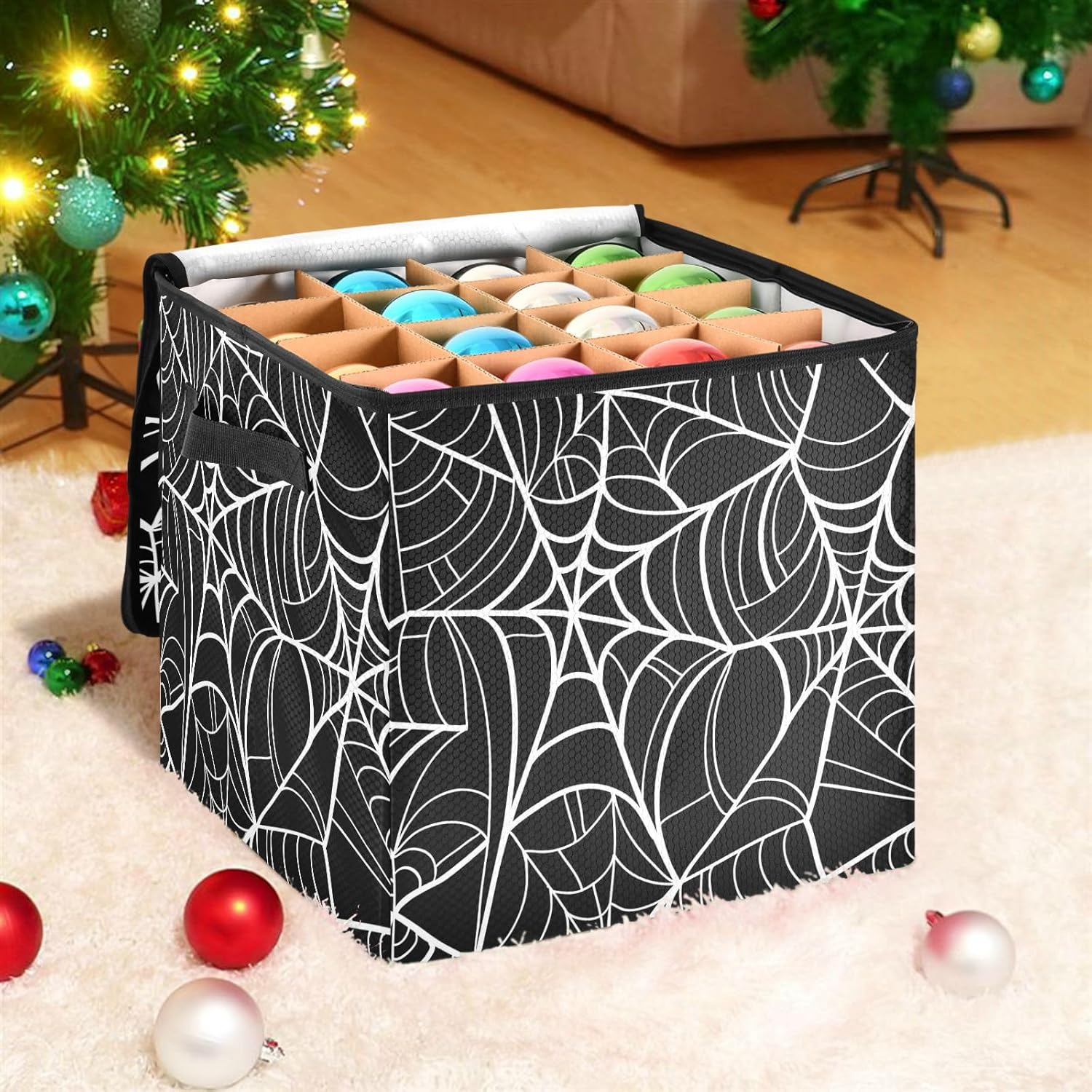 Kigai Spider's Web Christmas Ornament Storage Box with Zipper and Adjustable Dividers 13x13 Inch Xmas Decoration Accessories Storage Container Holds 64 Holiday Ornaments 3-Inch
