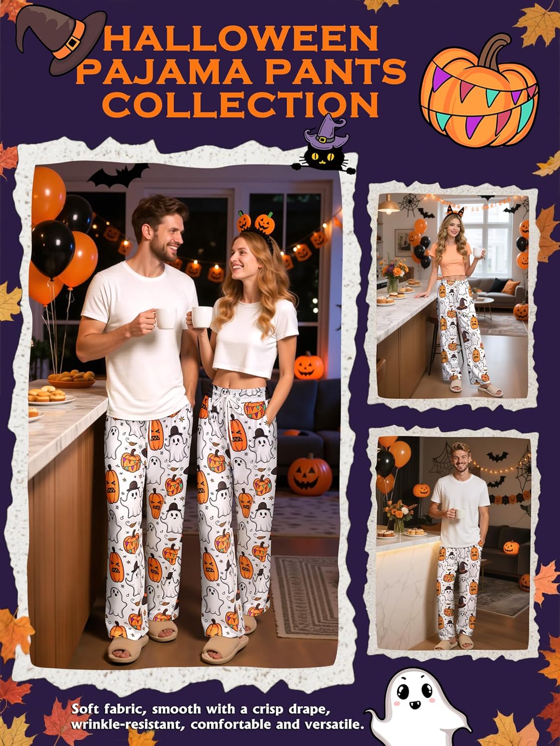 RMCMS Cute Halloween Ghost Pumpkin Print Pajama Pants Sleep Lounge Pjs Bottoms with Pockets (One Piece) - Image 4
