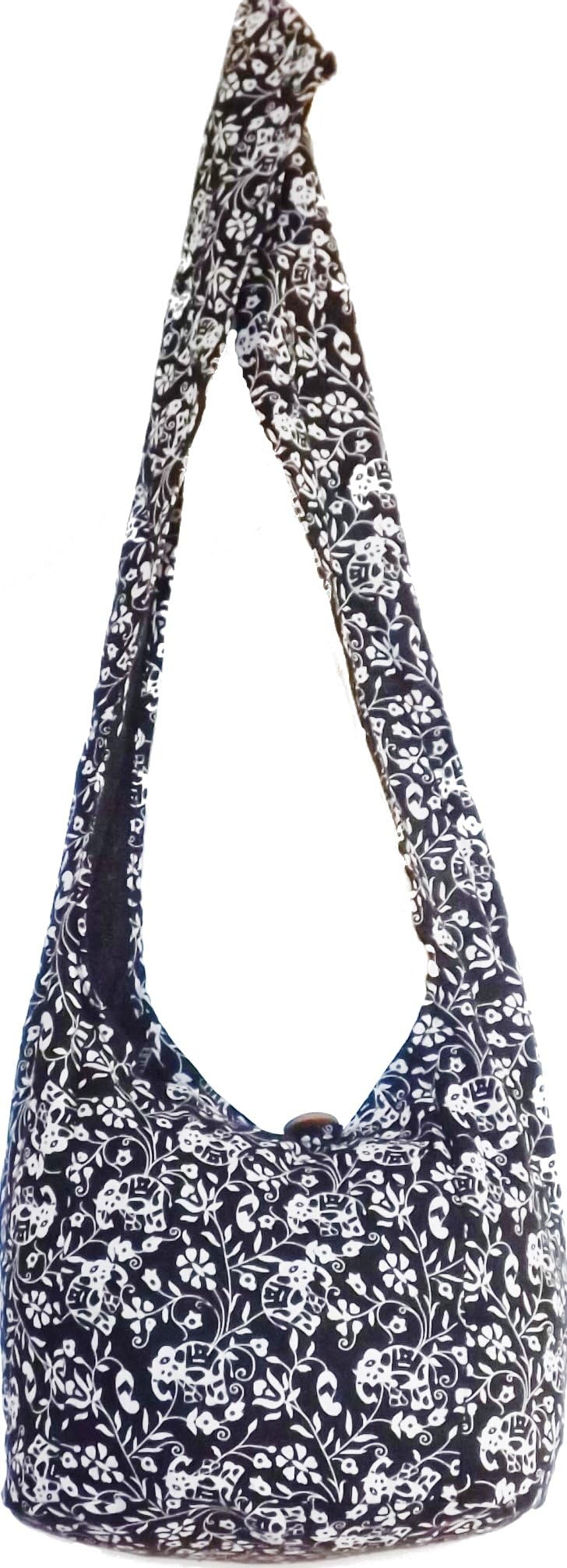 Black Elephant Sling Cross Body Shoulder Bags Hippie Hobo Thai Cotton Vintage Bohemian Gym Bag Craft Bag Satchel Grocery Fishing Bag Carry-on Bags and Purses By Audrey Slavich
