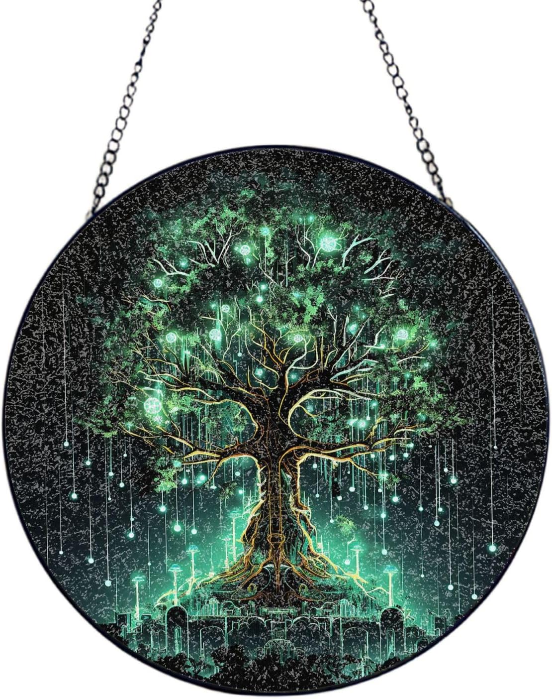 Stained Glass Window Hanging 6in（15cm）, Magical Green Tree Glass Suncatcher for Home Decor, Indoor Wall Art Glass Panel with Metal Chain and Hooks, Sun Catcher Ornament Birthday Gifts