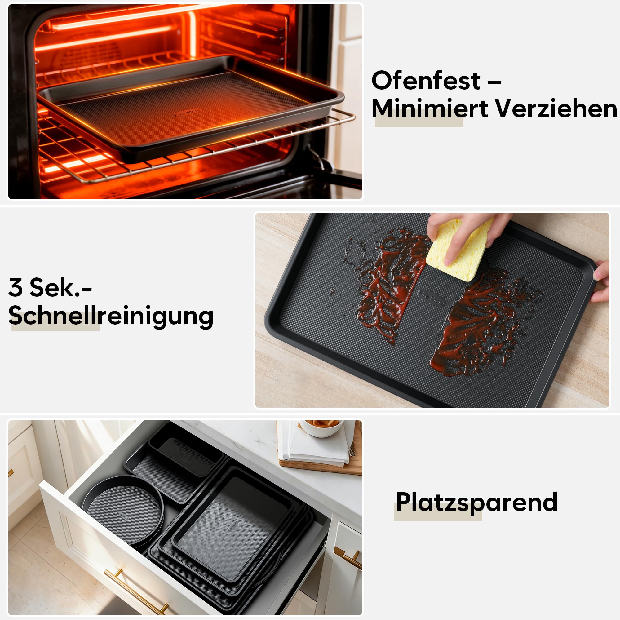 Fire More 10-teiliges Backset, 0,8 mm Dicke Antihaft-Backformen Set mit Backblech, Abkühlgitter, Muffinform, Runder/Eckiger Kuchenform, Pizzablech, Stapelbar & Platzsparend
