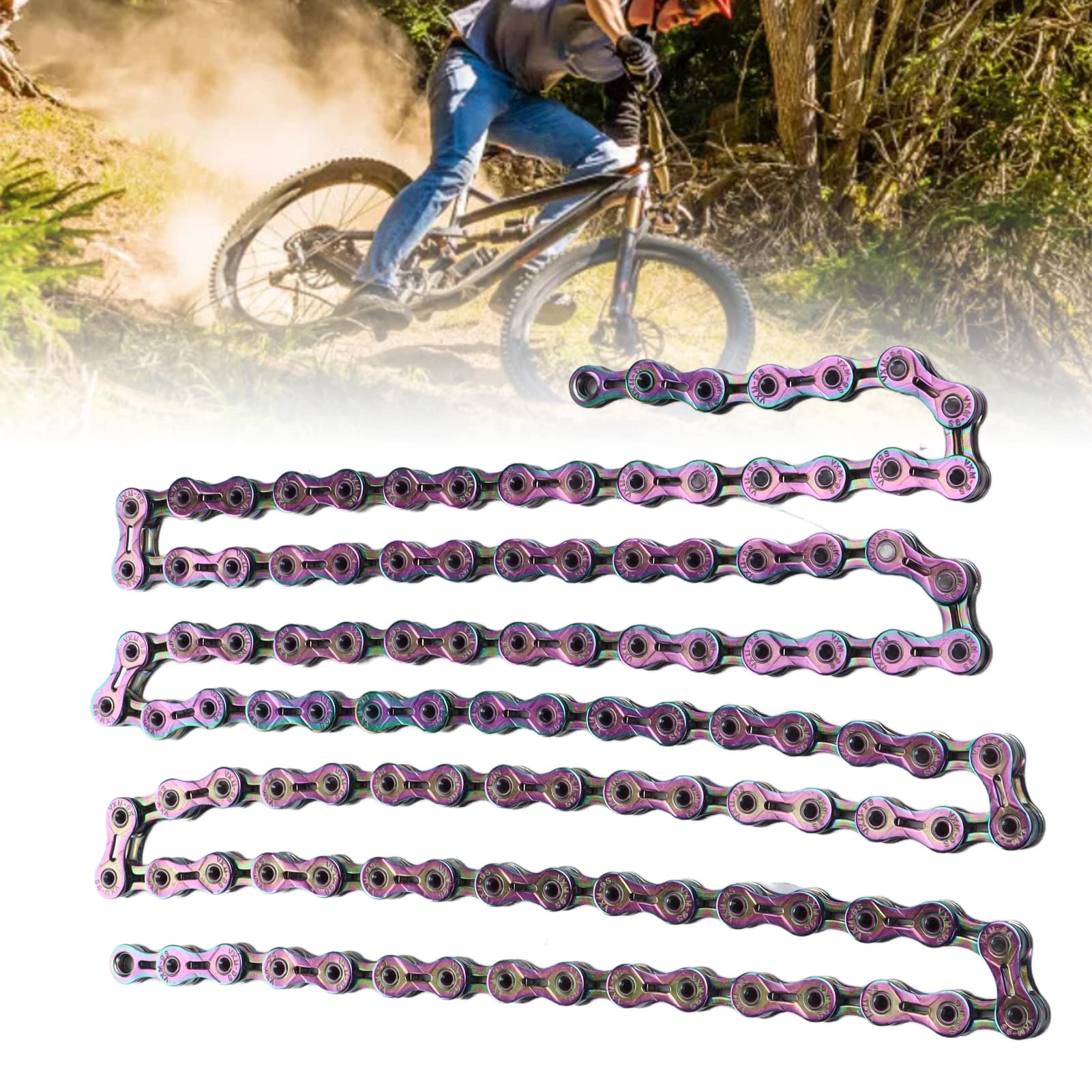 Catena di mountain bike a 9 velocità Trattamento elettroplativo completo catena di biciclette colorate per la mountain bike in acciaio al carbonio 300G