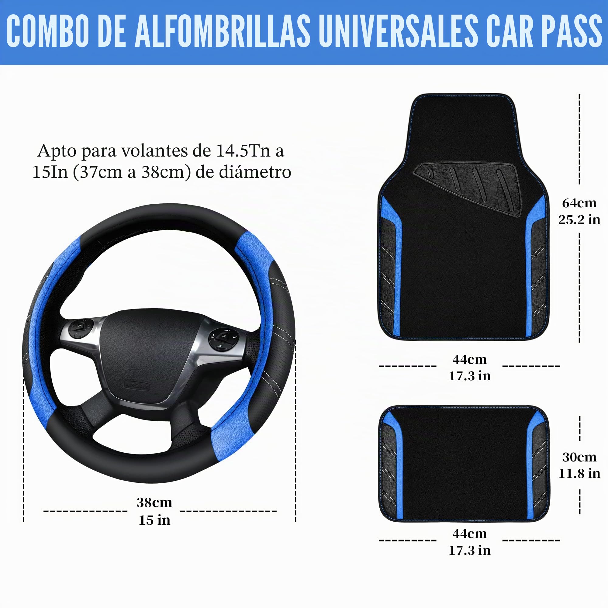 CAR PASS Deportivo Funda de Cuero para Volante Antideslizante y Alfombrillas Impermeables para Coche, de Microfibra, Universal para 95% de sedán, SUV, automóviles, 14.5-15 Pulgadas(Negro y Azul)