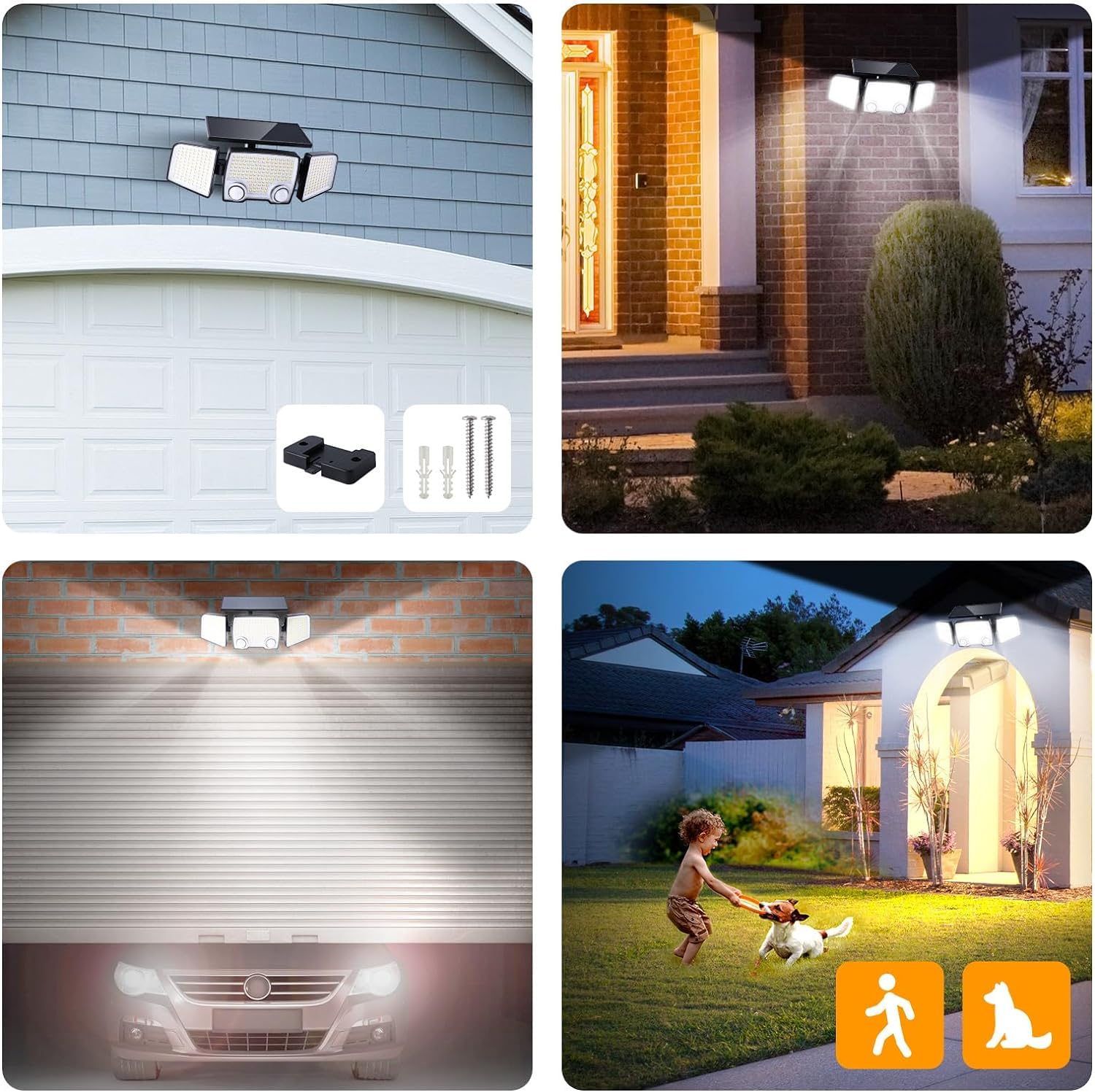 Lumisky Set di 2 faretti solari a 3 teste nere RAYLITE – Luce LED potente, bianco, orientabili con rilevatore di movimento, ideali per fissare giardino, terrazza ed esterno