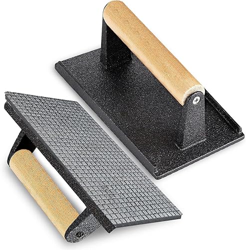 Miniatura 1 de Prensa cuadrada de hierro fundido para parrilla, prensa de hamburguesas resistente con mango de madera, herramienta de cocina antiadherente para