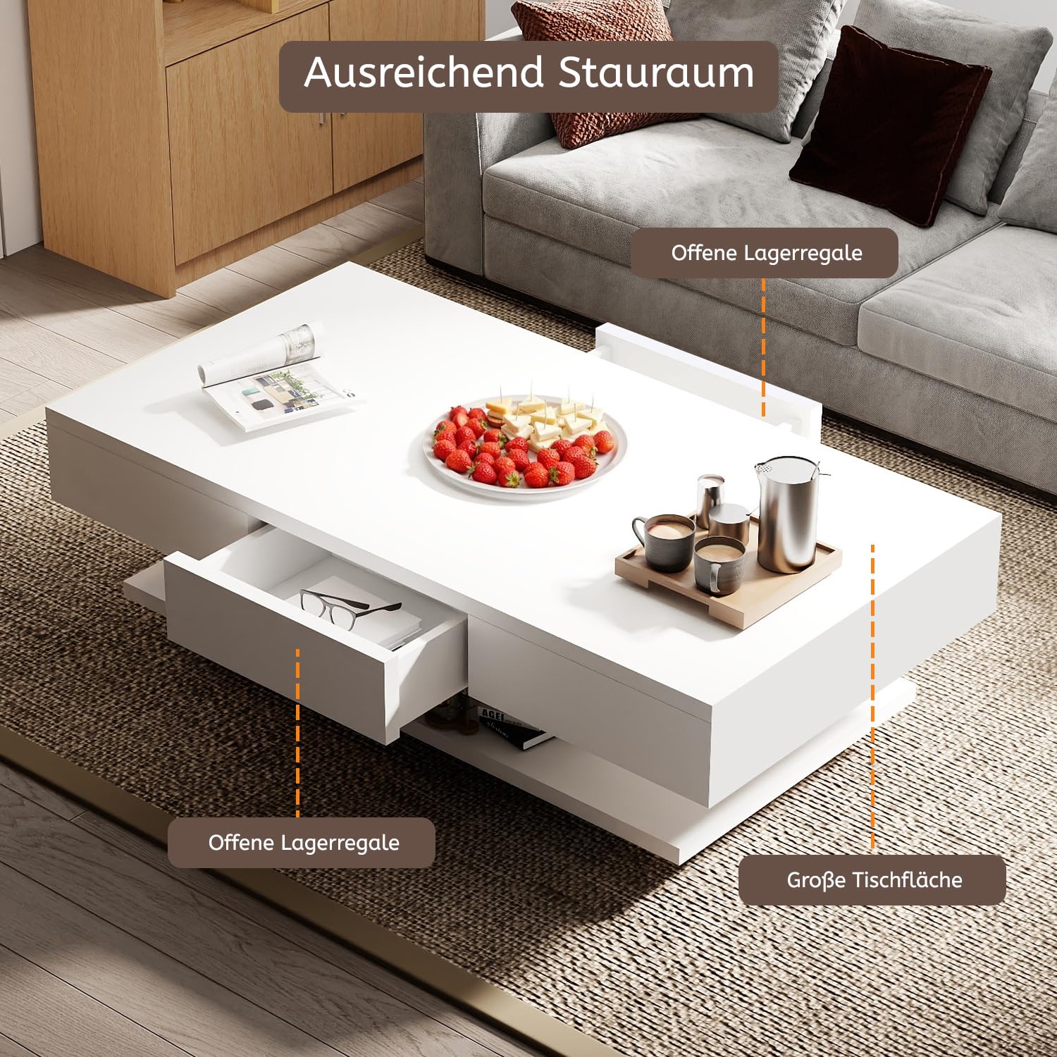 Couchtisch, Modern Sofatisch Wohnzimmertisch mit 2 Schublade, Wohnzimmertisch Hochglanz Modern, Beistelltisch Weiss mit Offenem Ausstellungsregal Weiß, 100 * 60 * 35cm(LED Nicht enthalten)